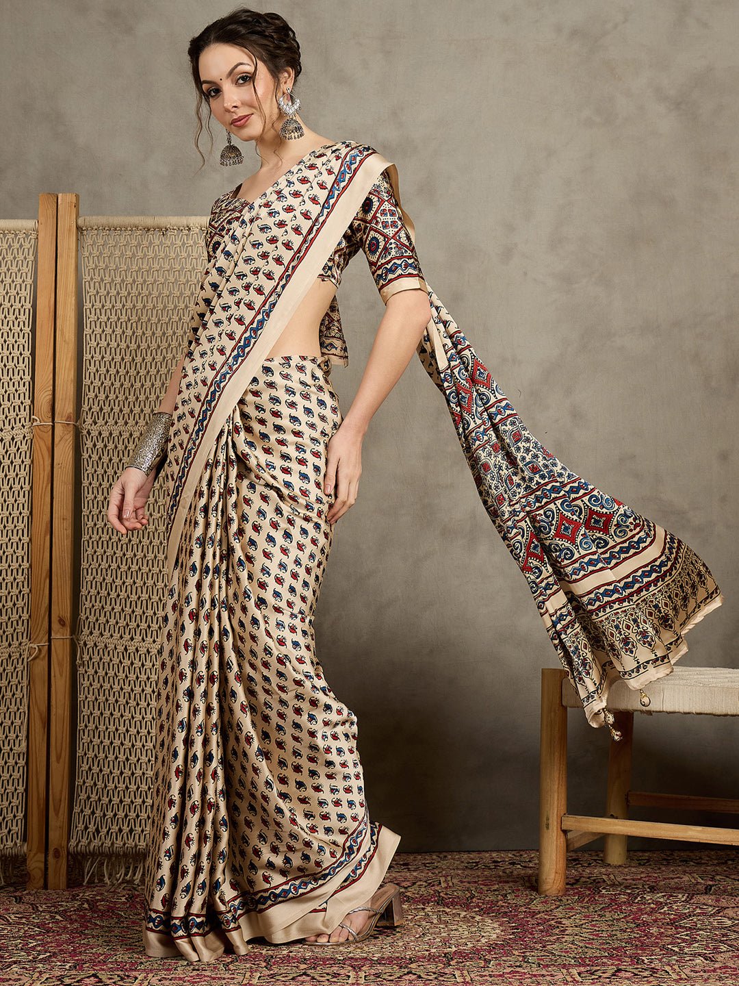 Crepe Cream Ajrakh Block Printed Saree - Ressa
