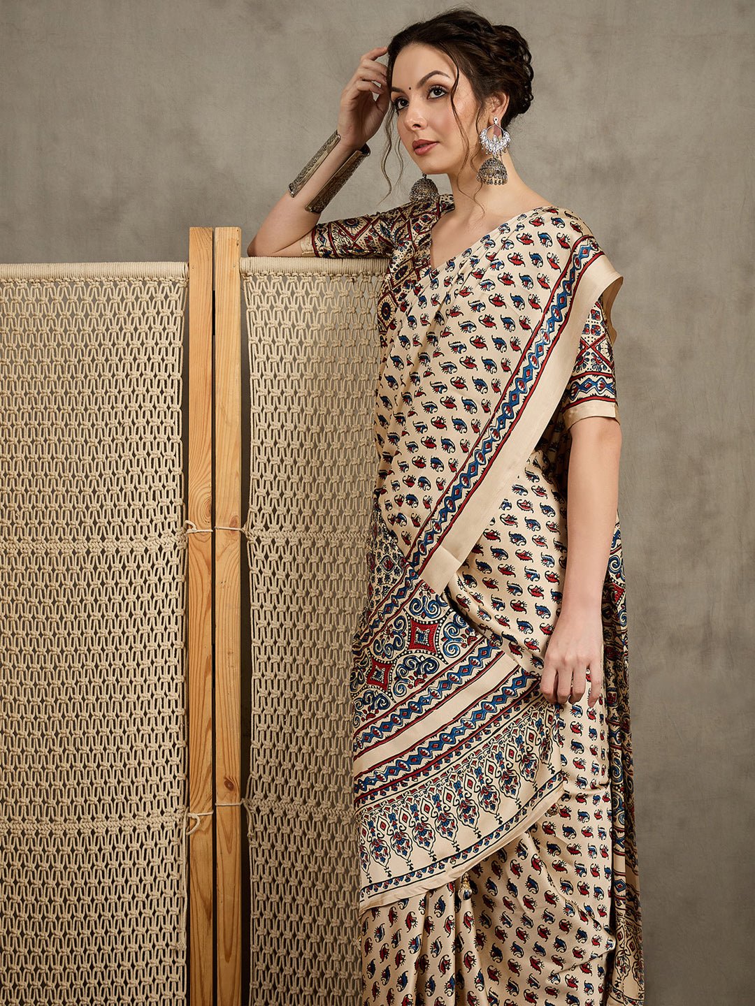 Crepe Cream Ajrakh Block Printed Saree - Ressa