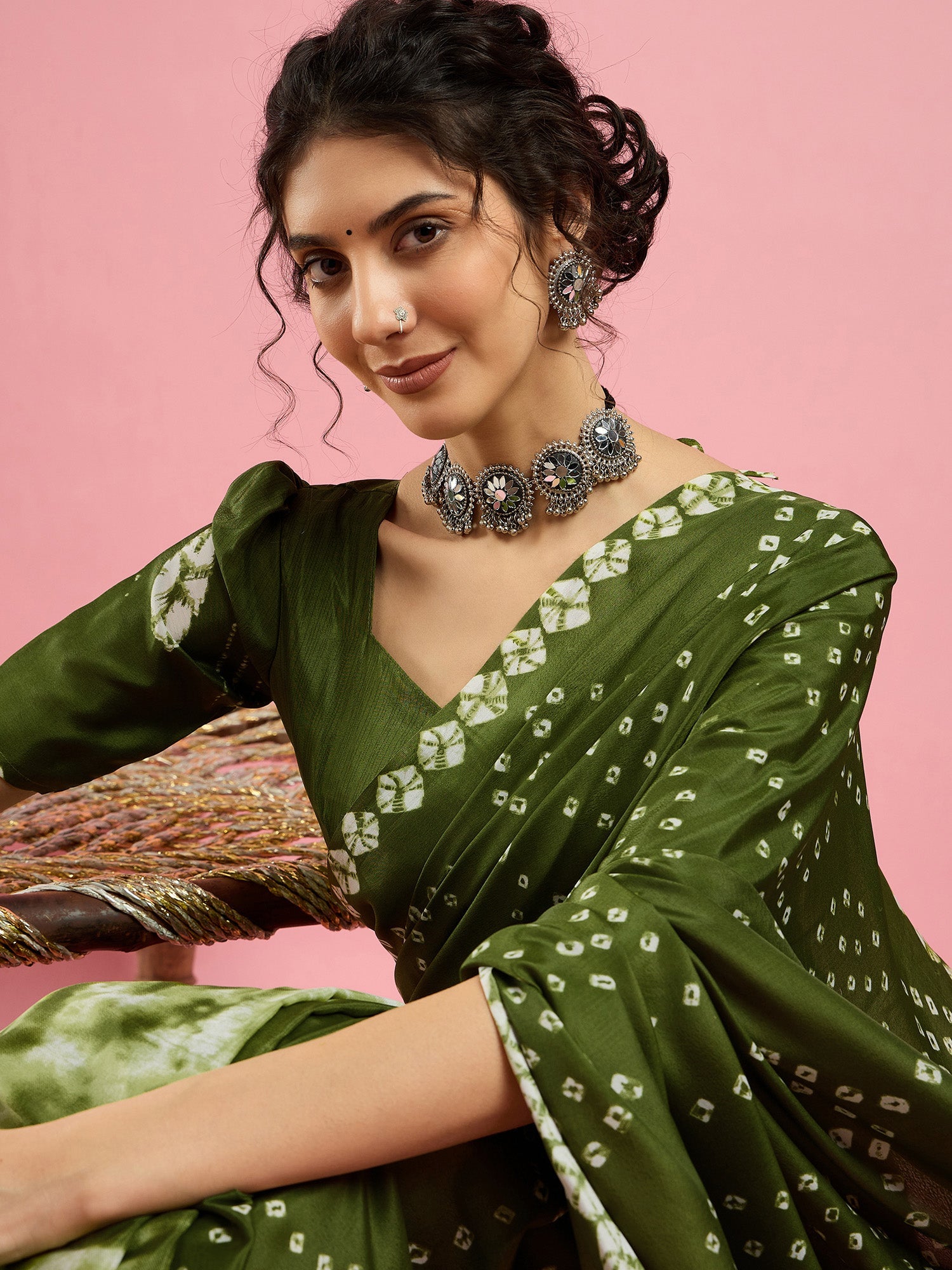 Crepe Green Bandhani Printed Saree - Ressa