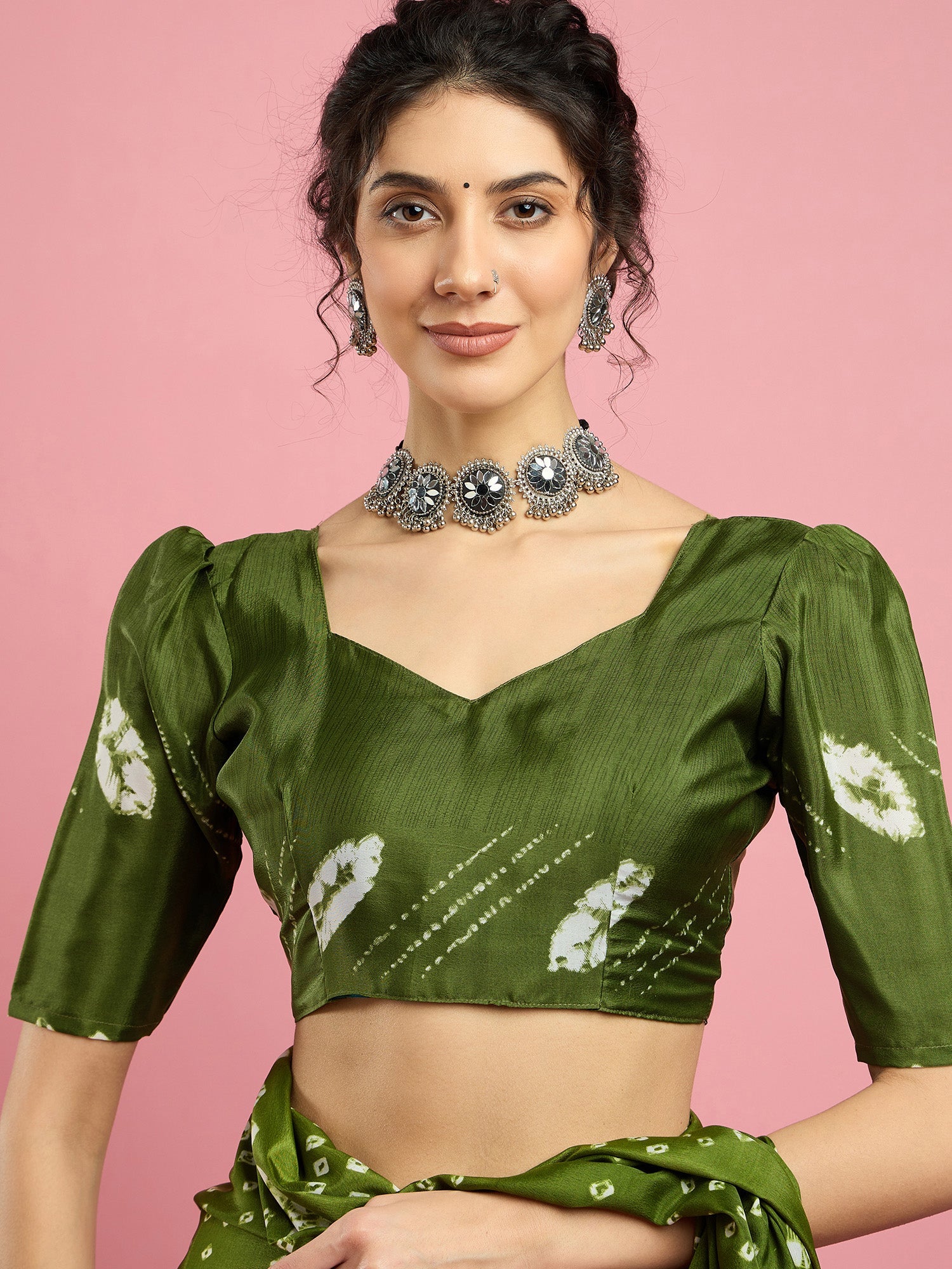 Crepe Green Bandhani Printed Saree - Ressa