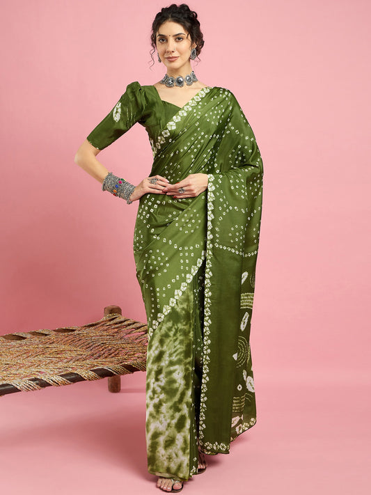 Crepe Green Bandhani Printed Saree - Ressa