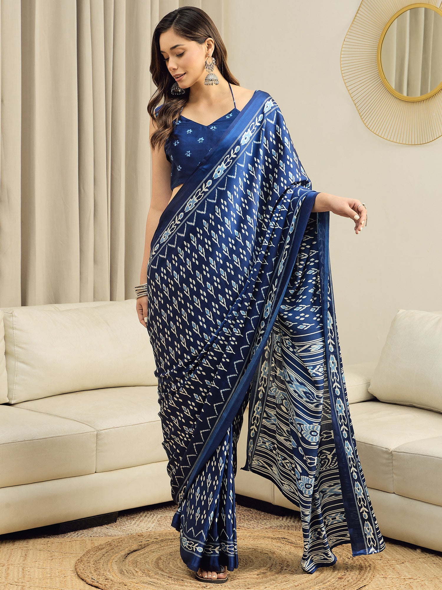 Crepe Indigo Blue Ikkat Printed Saree - Ressa