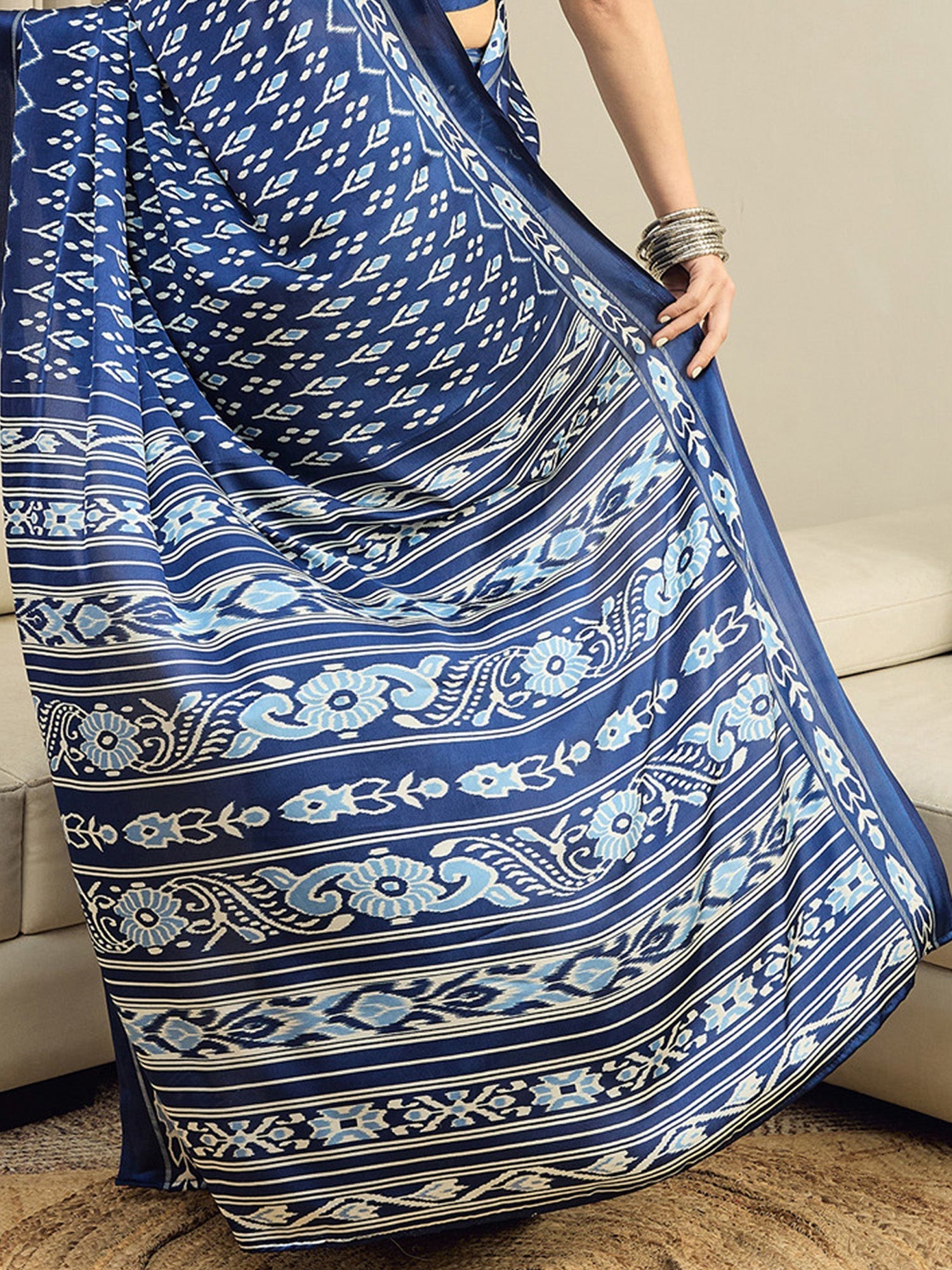 Crepe Indigo Blue Ikkat Printed Saree - Ressa