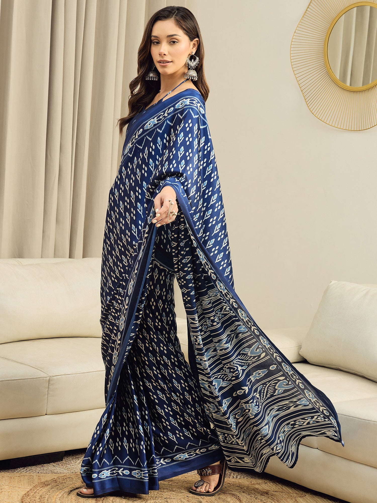 Crepe Indigo Blue Ikkat Printed Saree - Ressa