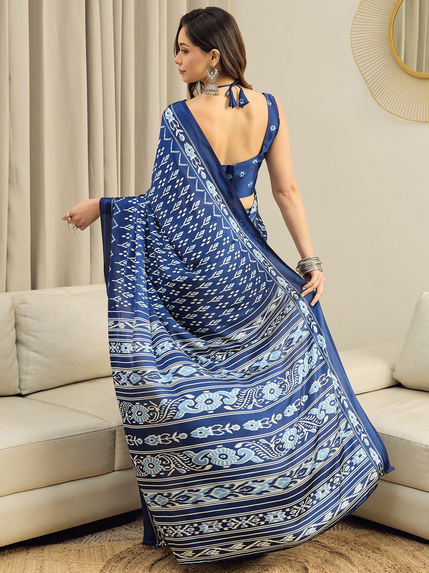 Crepe Indigo Blue Ikkat Printed Saree - Ressa