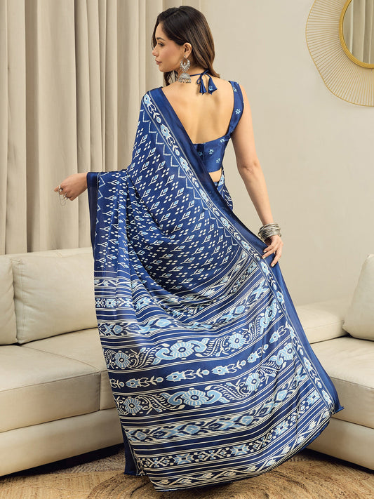 Crepe Indigo Blue Ikkat Printed Saree - Ressa