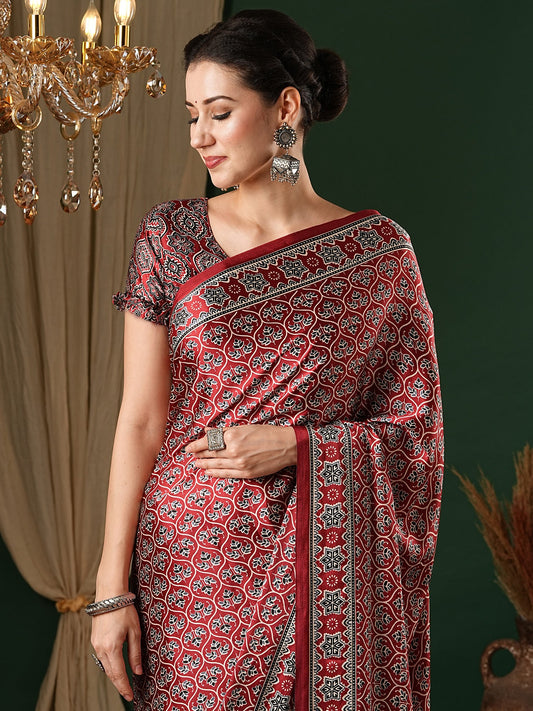 Crepe Maroon & Black Ajrakh Print - Ressa