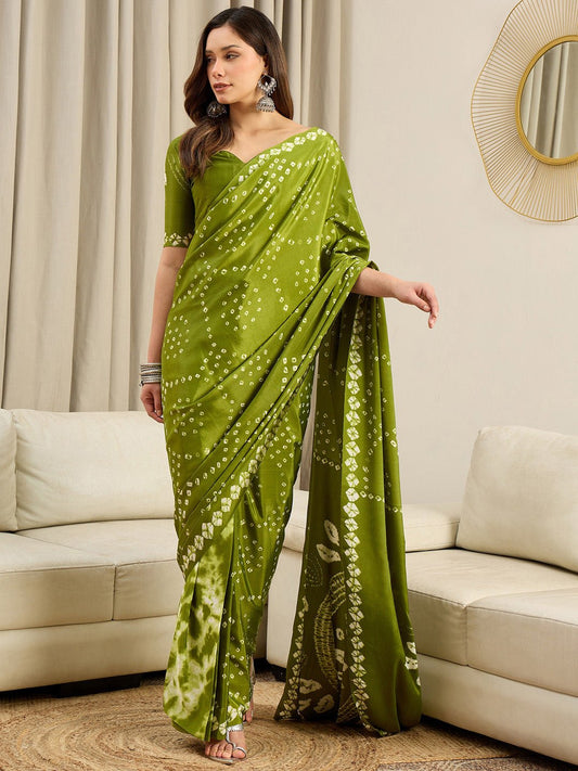 Crepe Olive Green Bandhani Printed Saree - Ressa