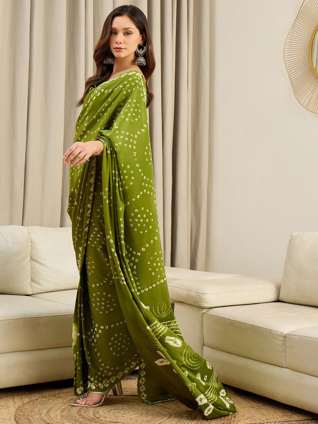 Crepe Olive Green Bandhani Printed Saree - Ressa