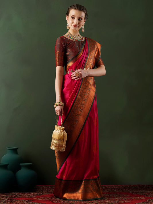Crimson Banarasi Silk Saree with Antique Gold Zari Border - Ressa