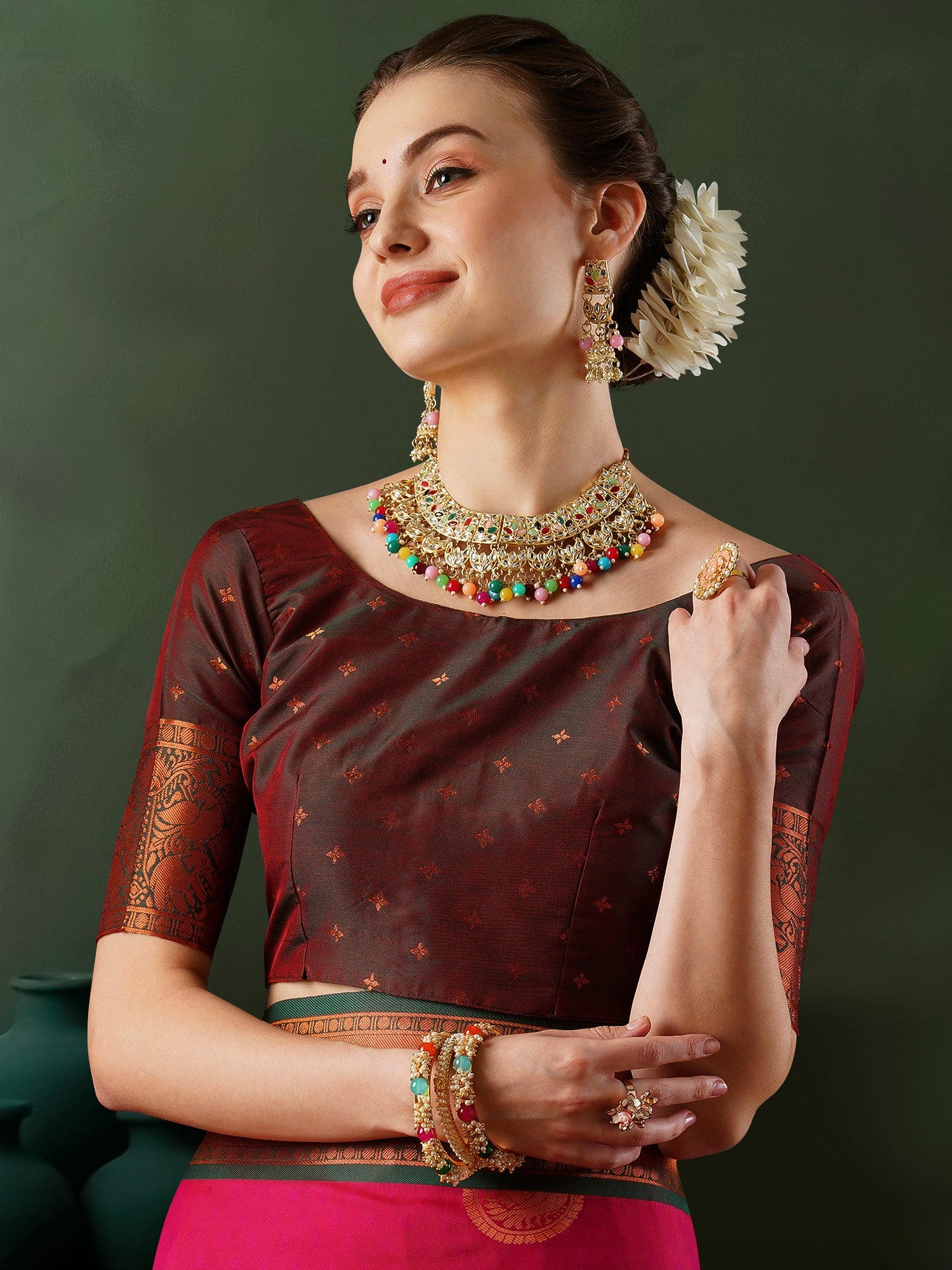 Crimson Banarasi Silk Saree with Antique Gold Zari Border - Ressa