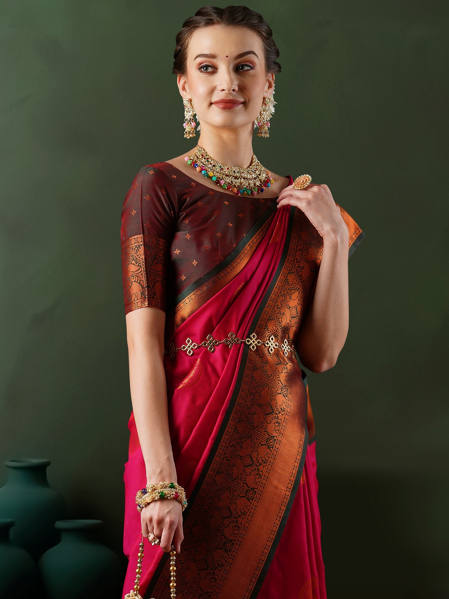 Crimson Banarasi Silk Saree with Antique Gold Zari Border - Ressa
