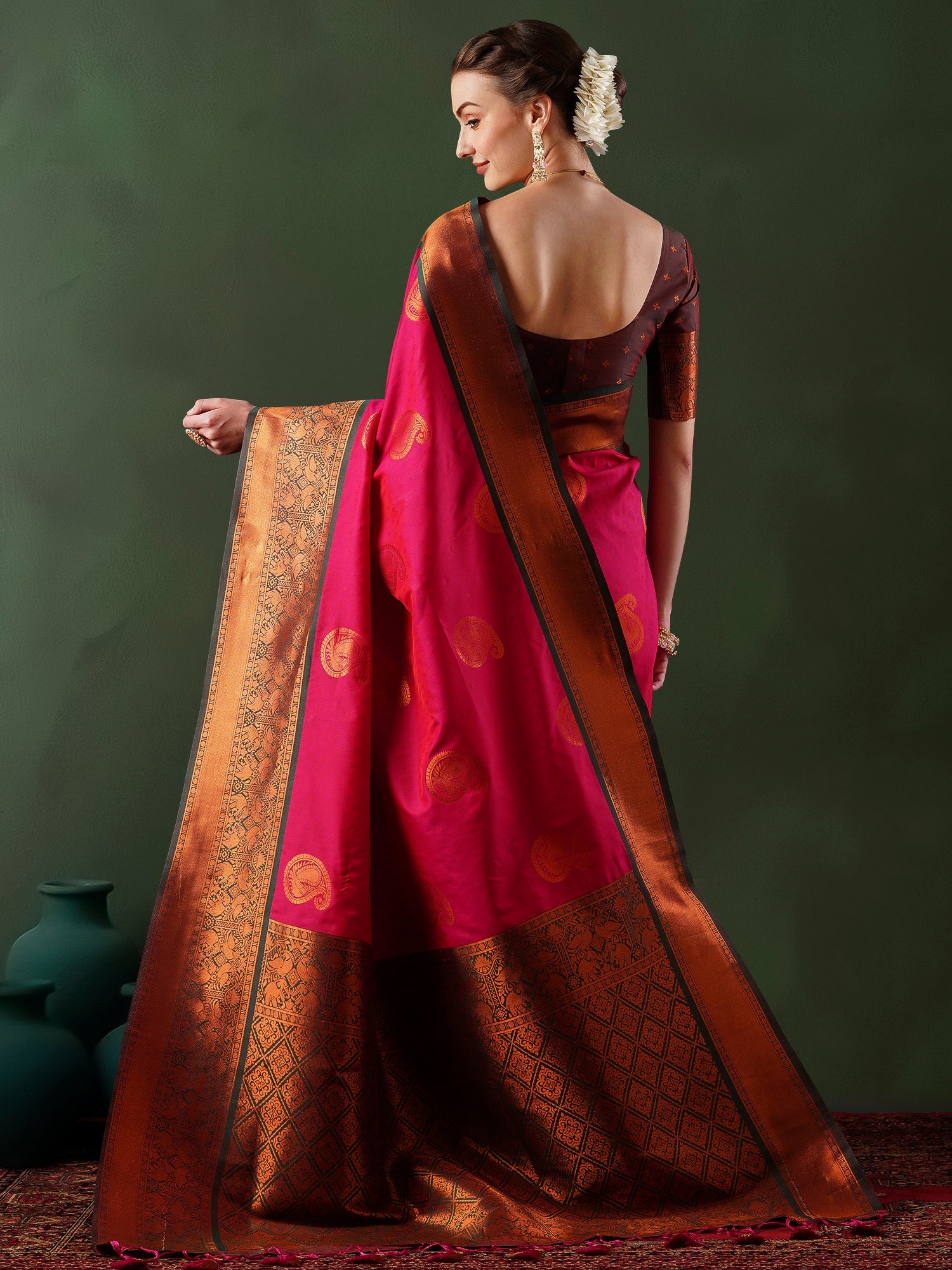 Crimson Banarasi Silk Saree with Antique Gold Zari Border - Ressa