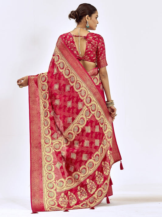 Crimson Banarasi Silk Saree with Zari Weave - Ressa