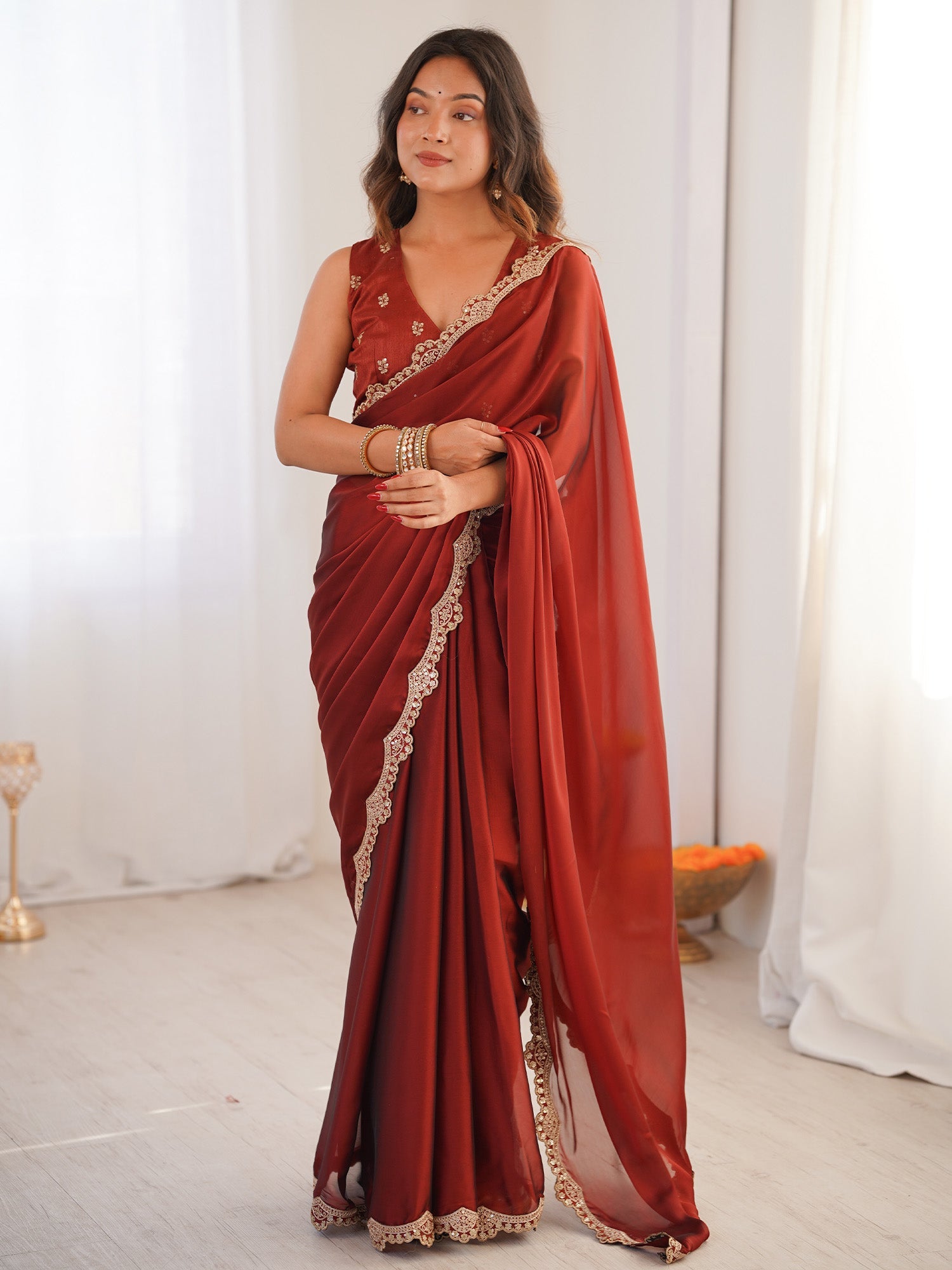 Crimson Elegance Georgette Saree with Gold Lace Border - Ressa