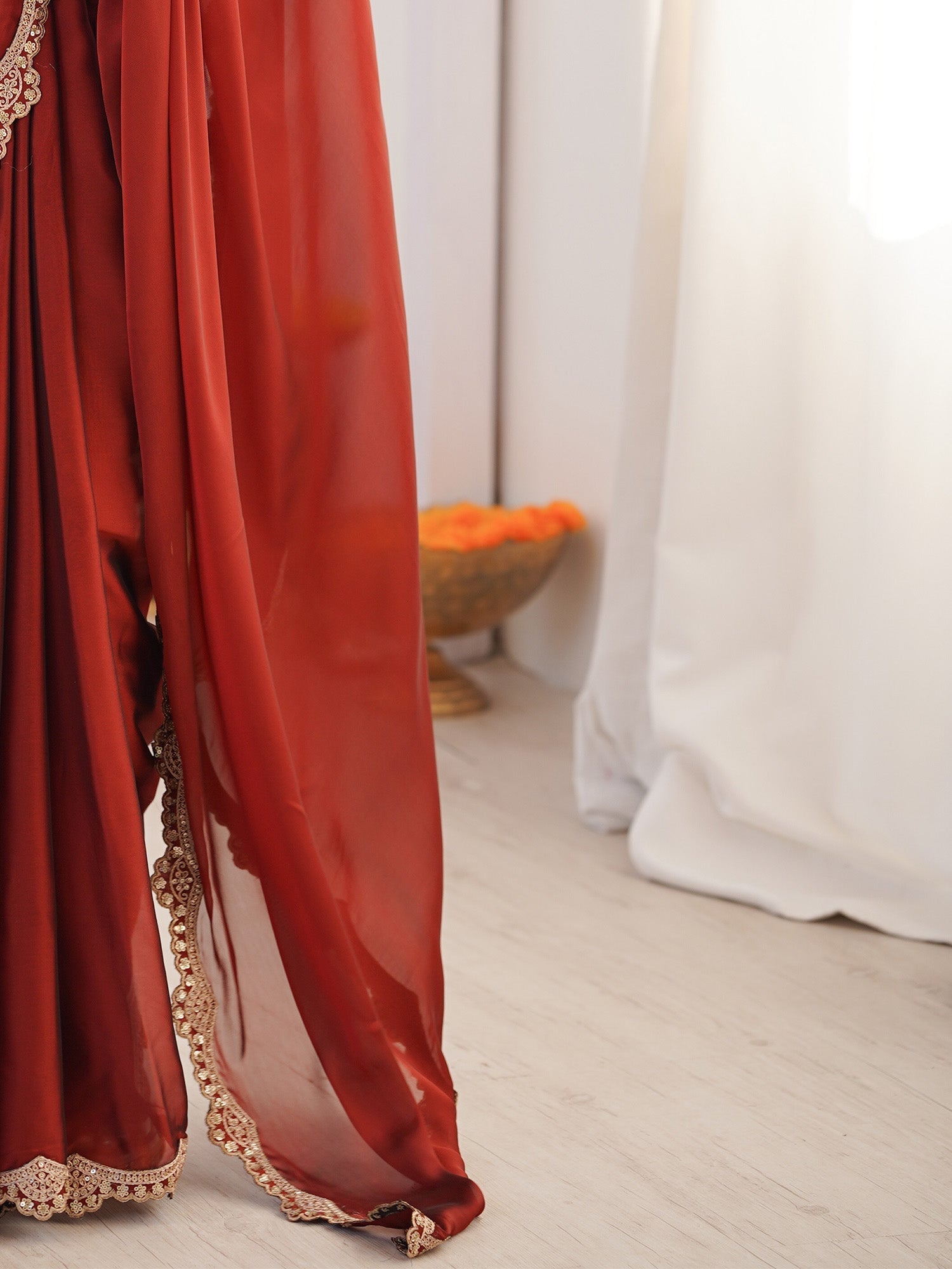 Crimson Elegance Georgette Saree with Gold Lace Border - Ressa