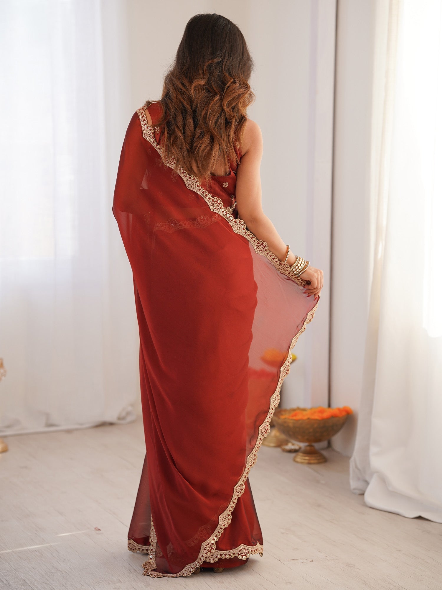 Crimson Elegance Georgette Saree with Gold Lace Border - Ressa