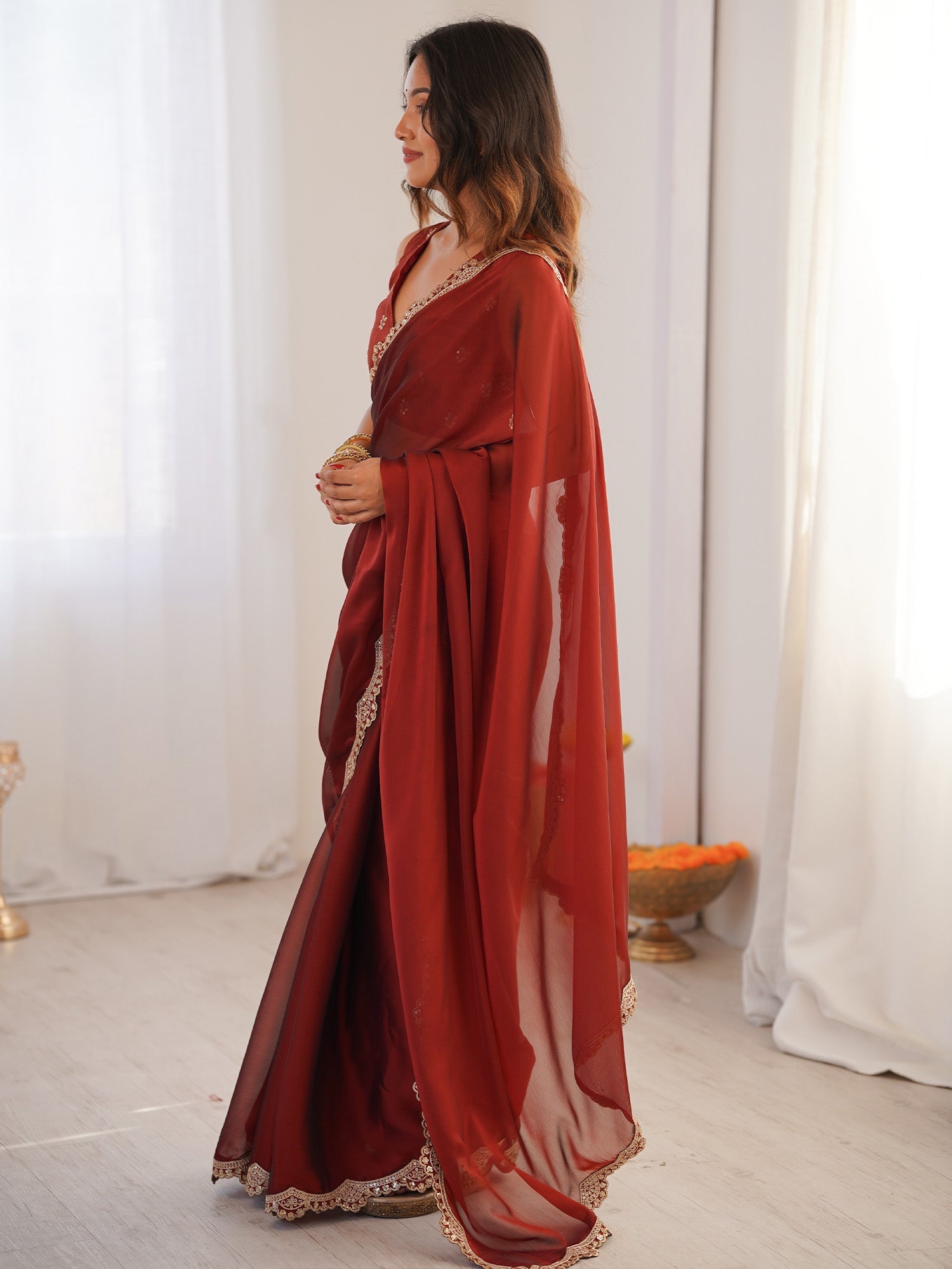 Crimson Elegance Georgette Saree with Gold Lace Border - Ressa