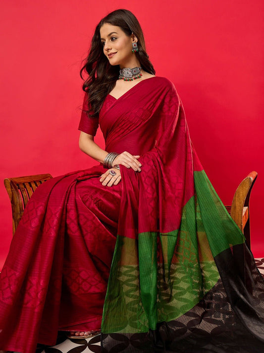 Crimson & Green Colour Block Cotton Saree - Ressa