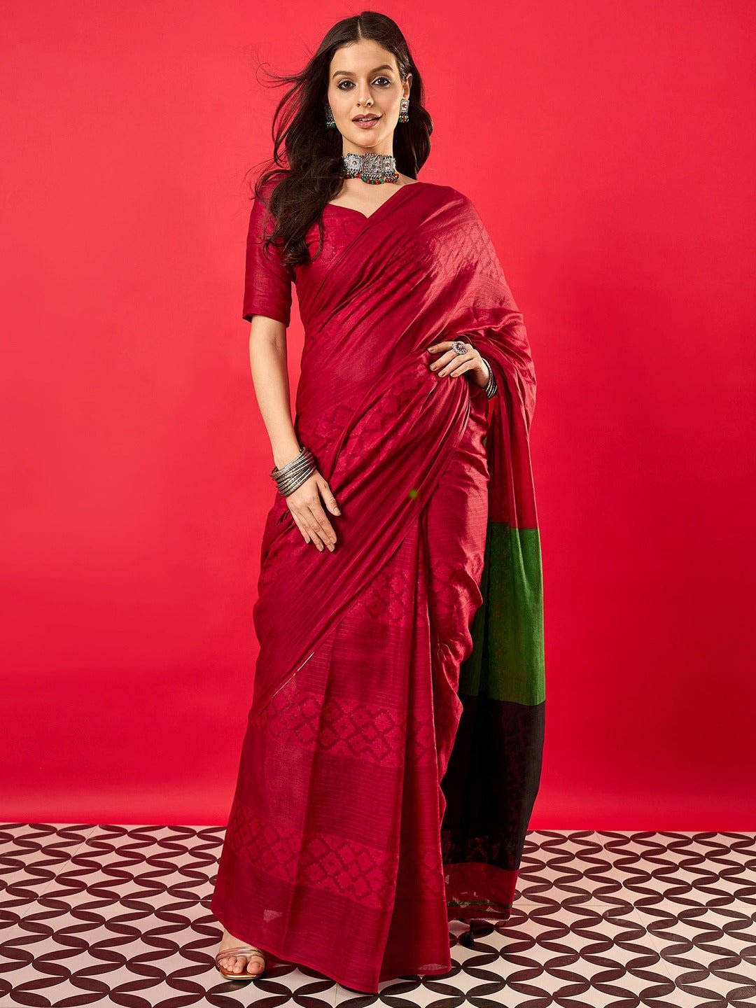 Crimson & Green Colour Block Cotton Saree - Ressa