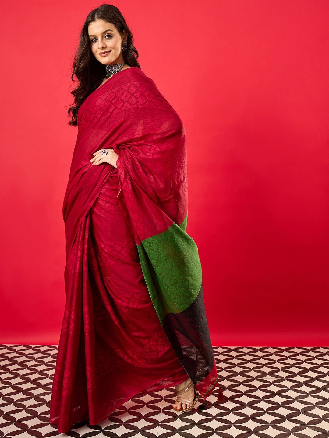 Crimson & Green Colour Block Cotton Saree - Ressa