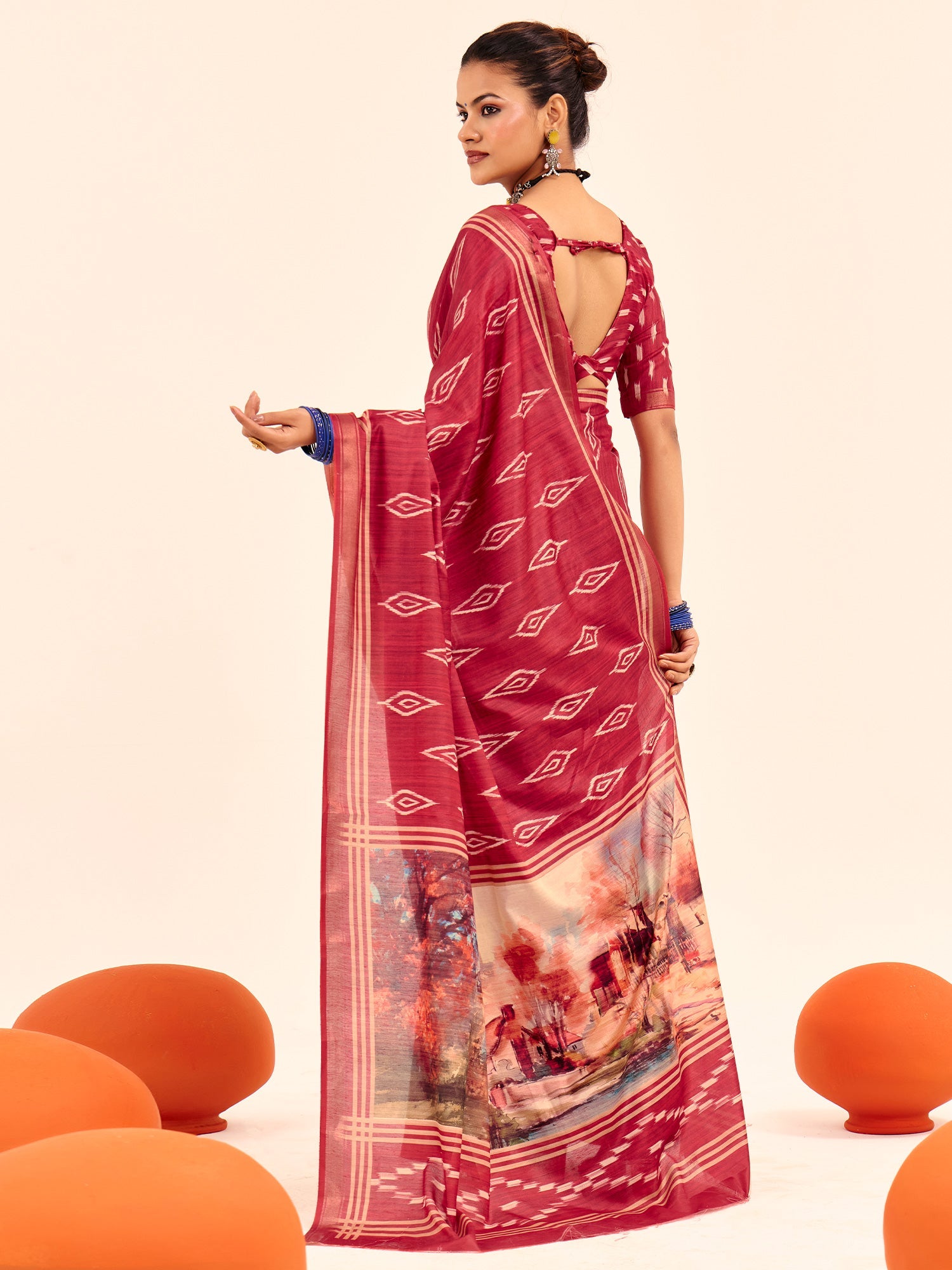Crimson Ikat Silk Saree with Varanasi Digital Print Pallu - Ressa