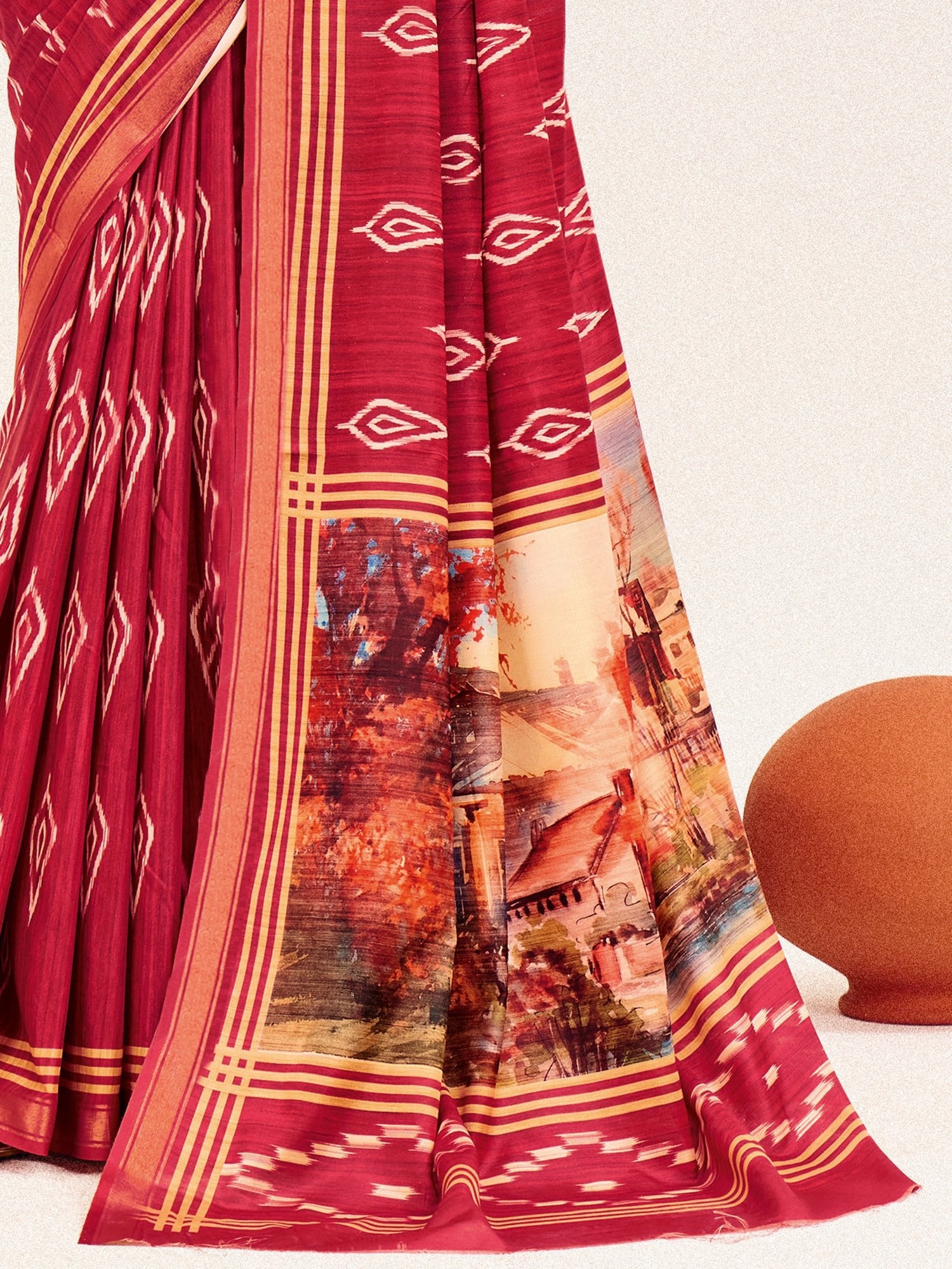 Crimson Ikat Silk Saree with Varanasi Digital Print Pallu - Ressa