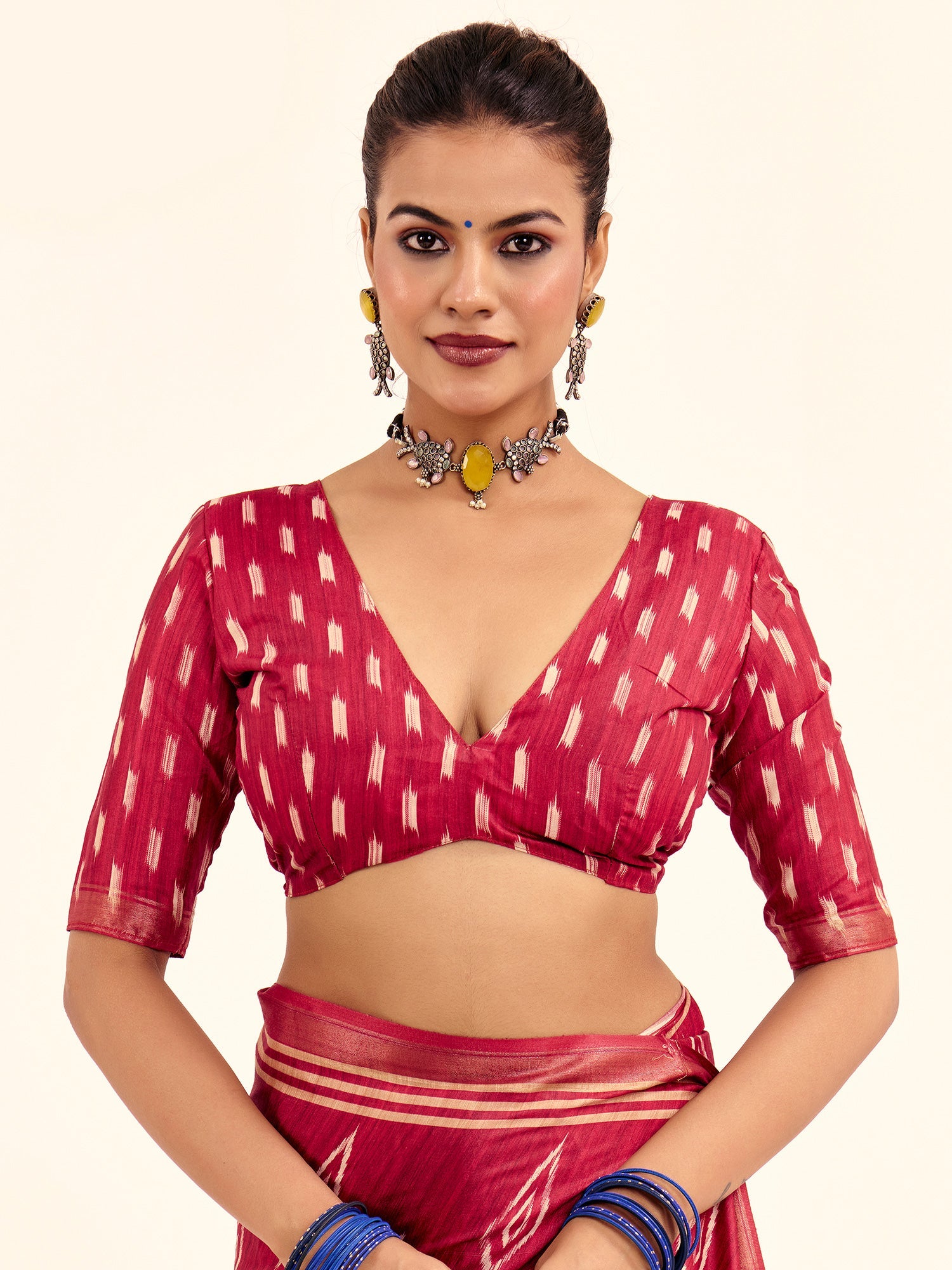 Crimson Ikat Silk Saree with Varanasi Digital Print Pallu - Ressa