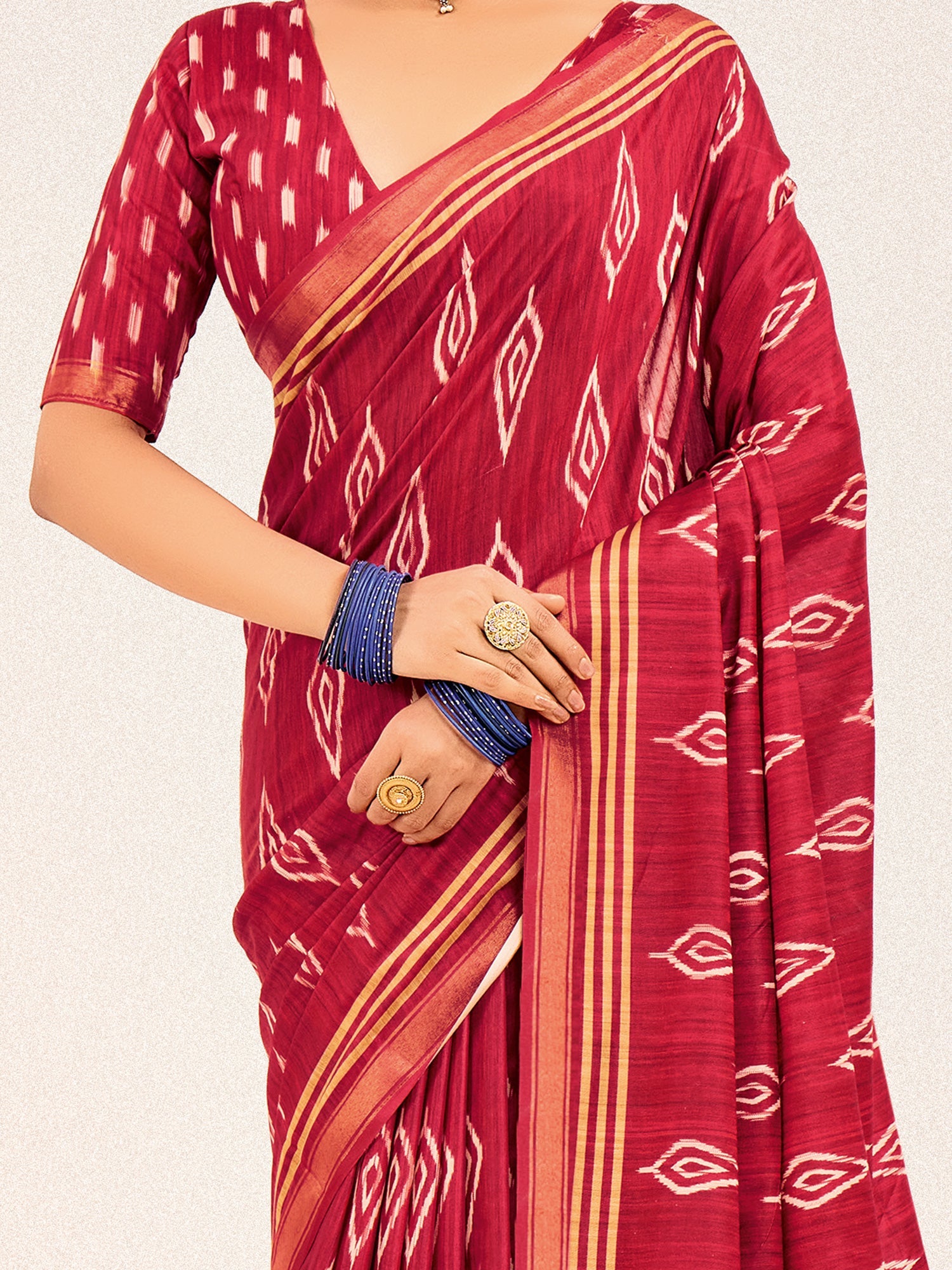 Crimson Ikat Silk Saree with Varanasi Digital Print Pallu - Ressa
