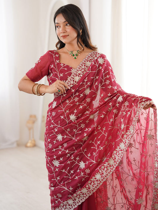 Crimson Jaal Embroidered Organza Saree - Ressa