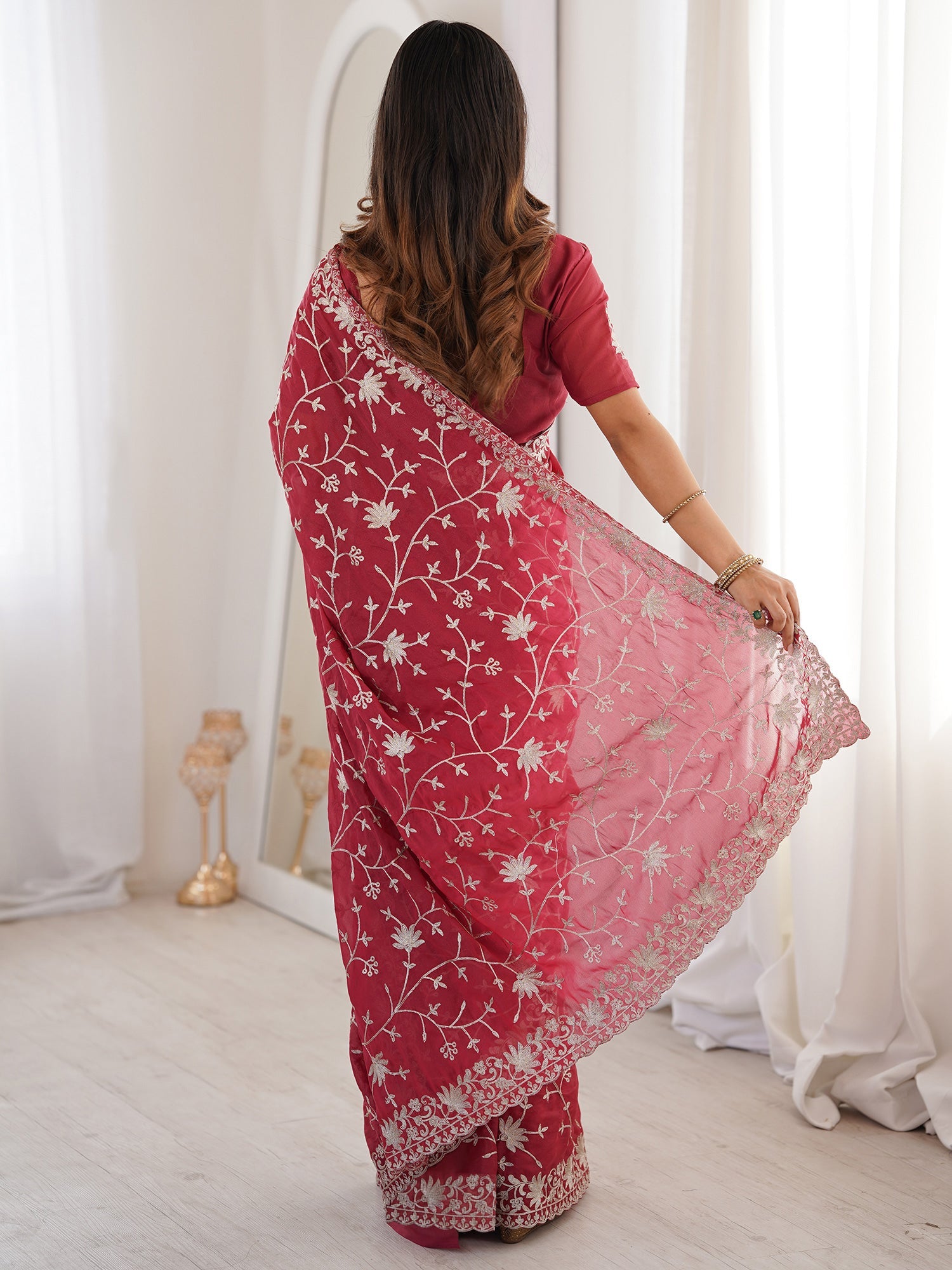 Crimson Jaal Embroidered Organza Saree - Ressa
