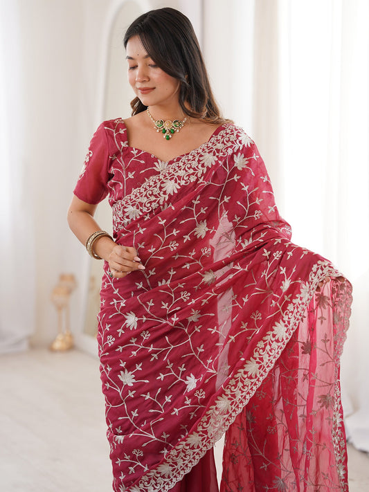 Crimson Jaal Embroidered Organza Saree - Ressa