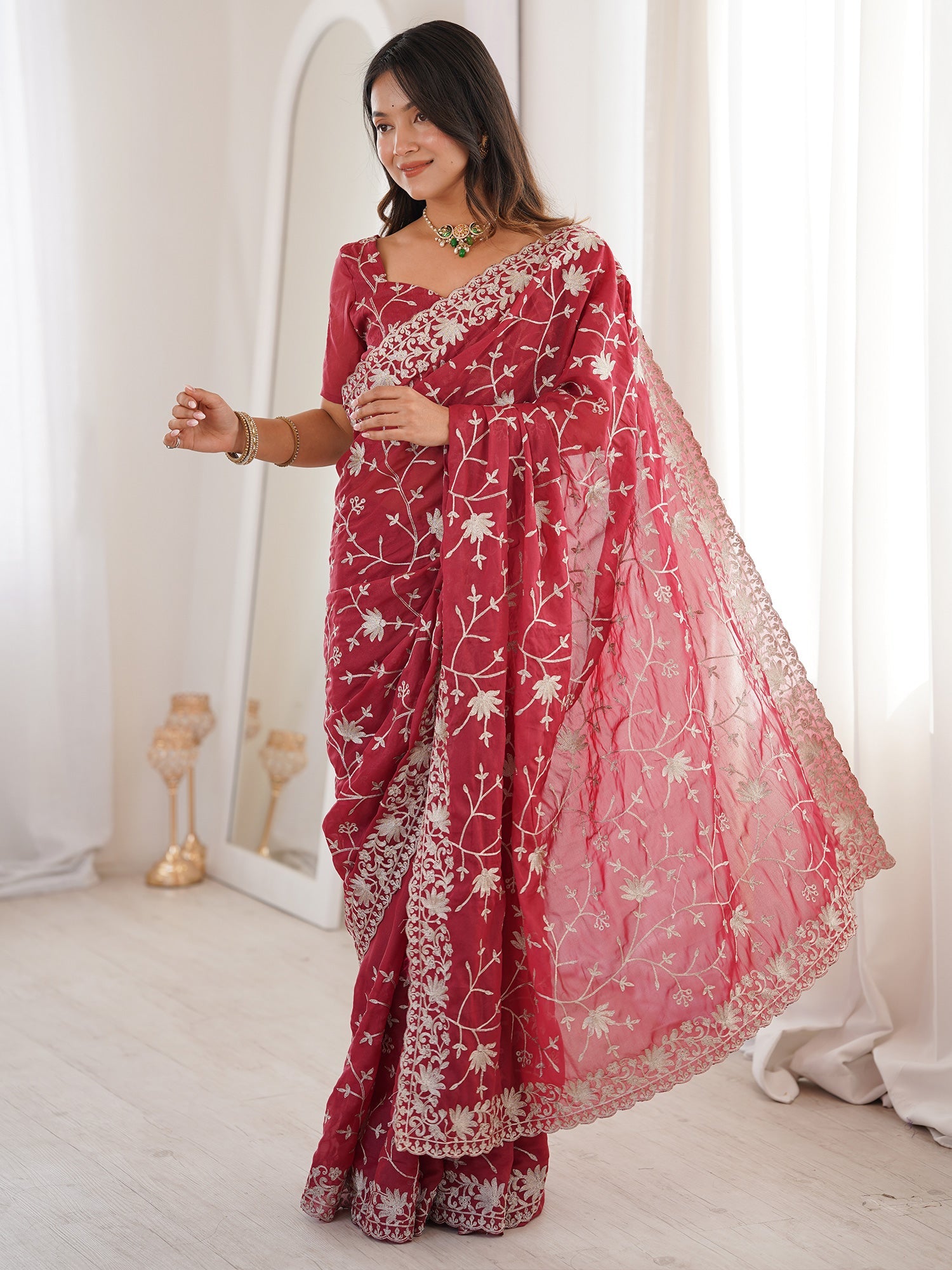 Crimson Jaal Embroidered Organza Saree - Ressa