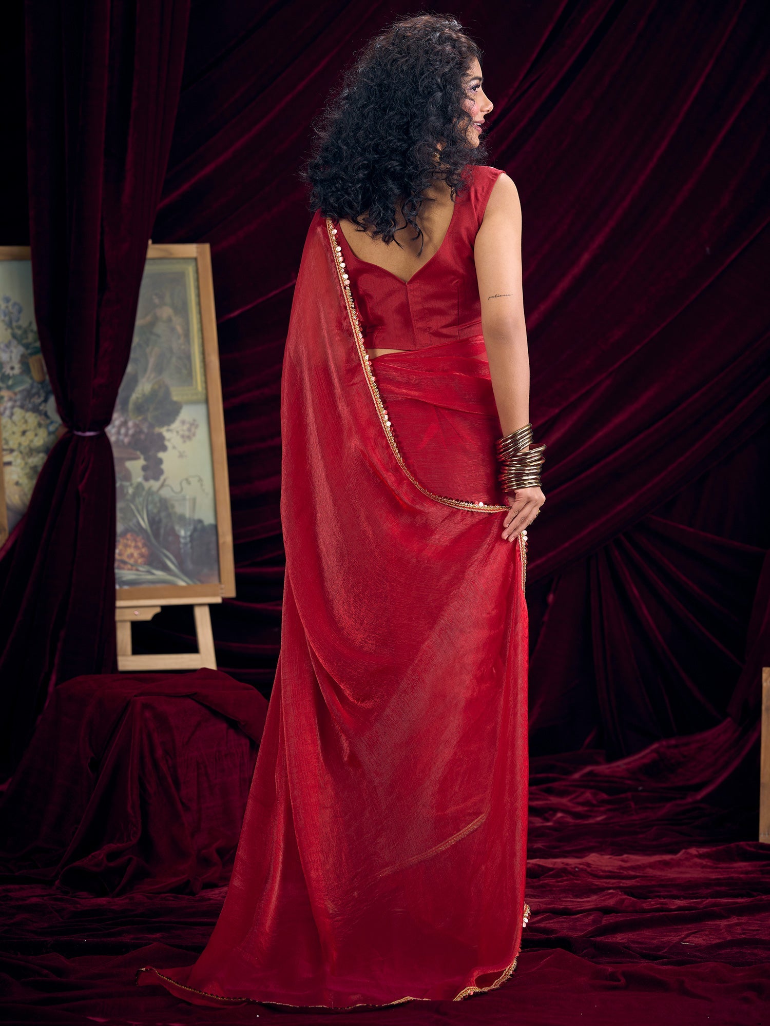 Crimson Organza Saree with Gold Lace Border - Ressa