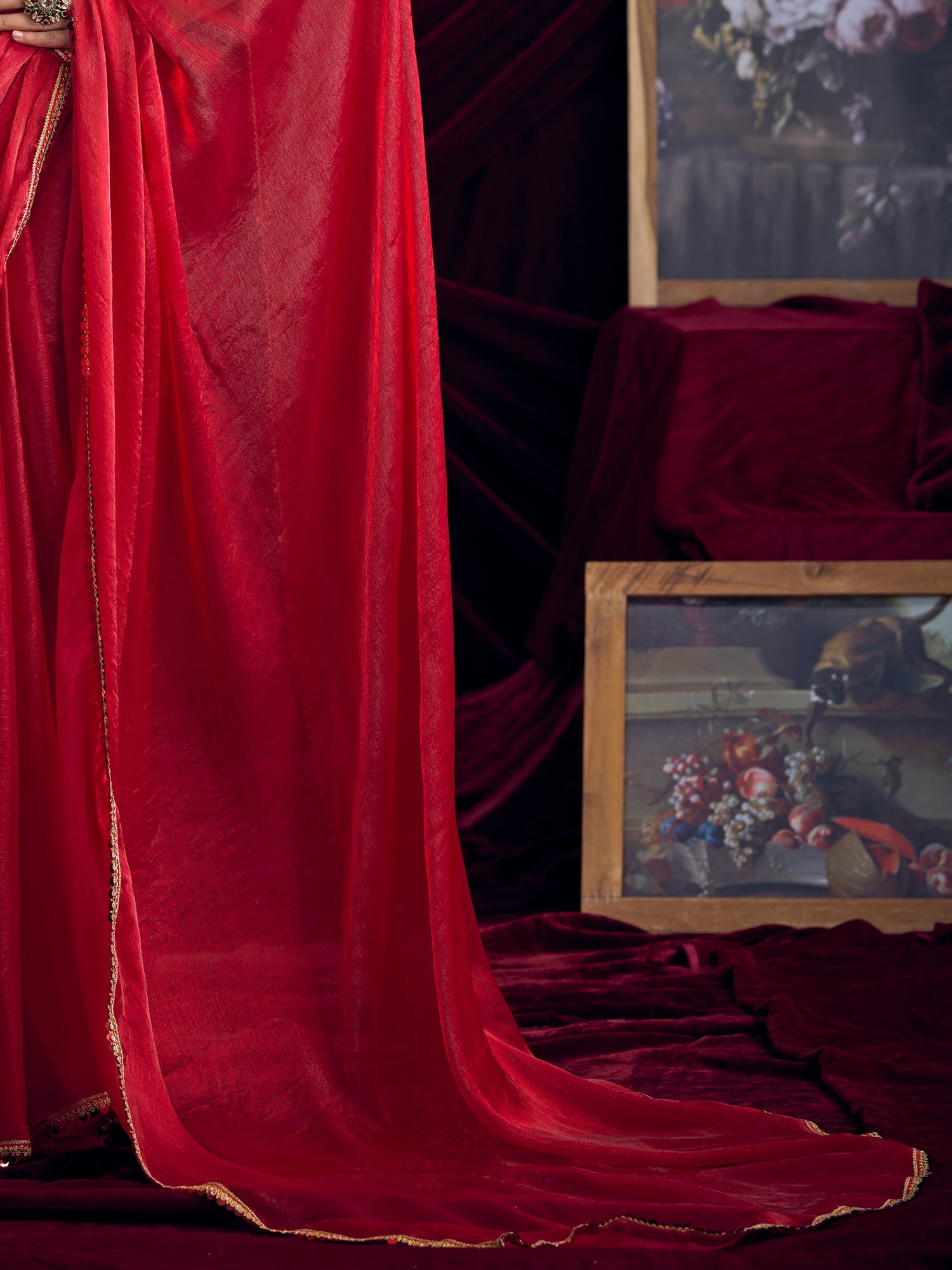 Crimson Organza Saree with Gold Lace Border - Ressa
