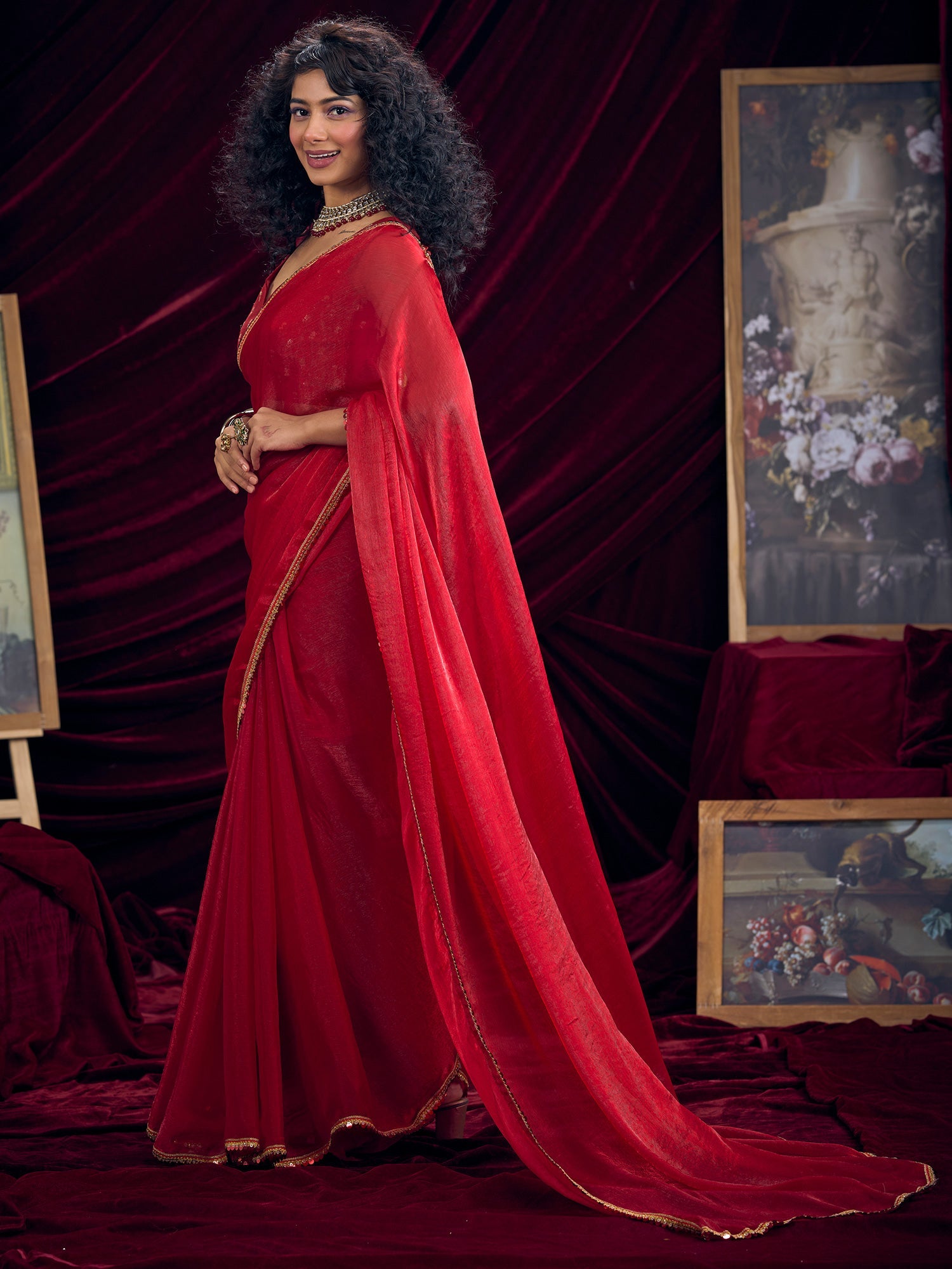 Crimson Organza Saree with Gold Lace Border - Ressa