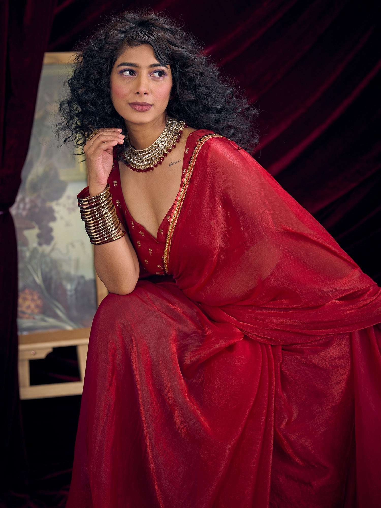 Crimson Organza Saree with Gold Lace Border - Ressa