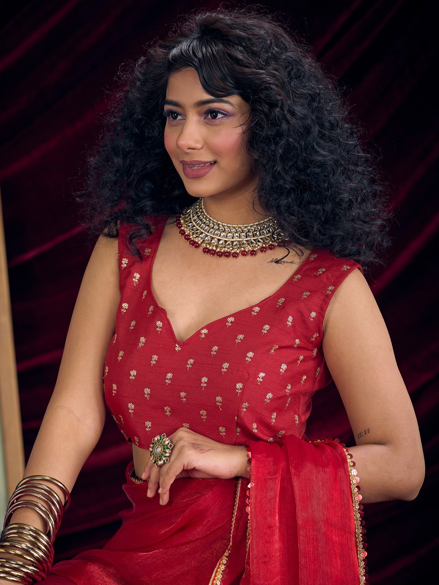 Crimson Organza Saree with Gold Lace Border - Ressa