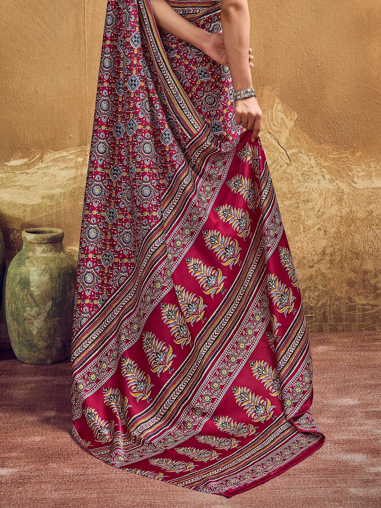 Crimson Red Ajrakh Print Satin Silk Saree - Ressa