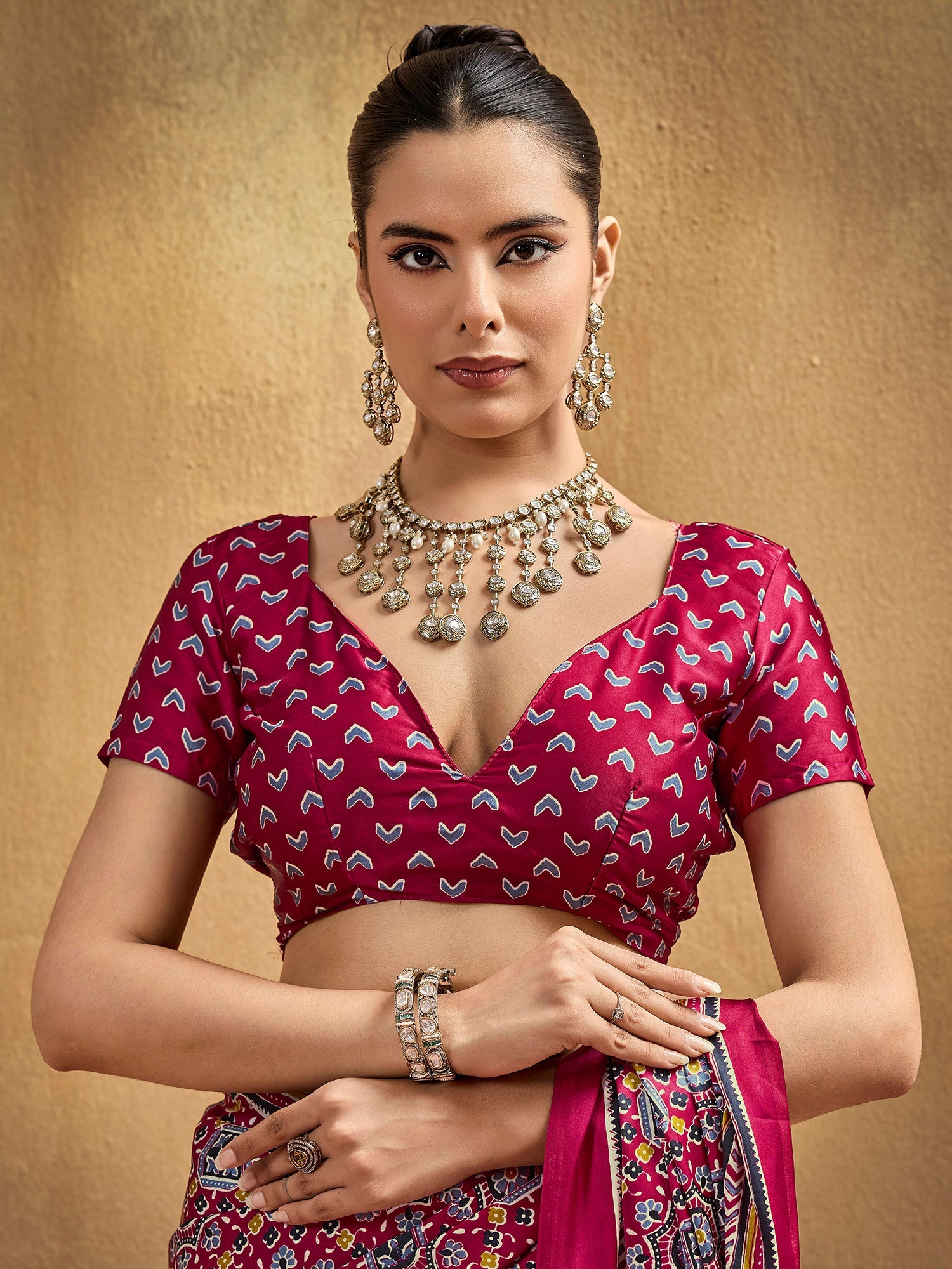 Crimson Red Ajrakh Print Satin Silk Saree - Ressa