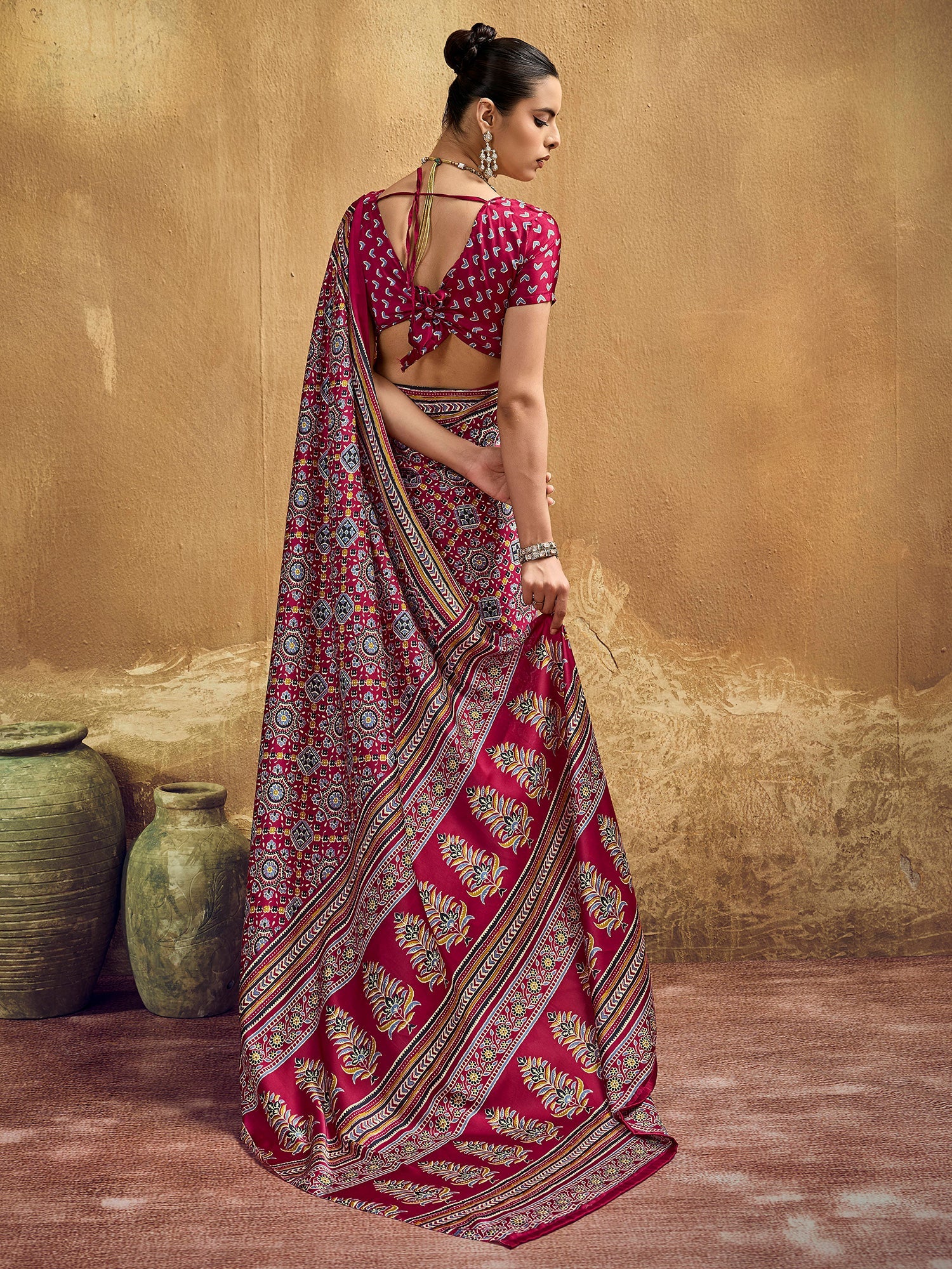 Crimson Red Ajrakh Print Satin Silk Saree - Ressa