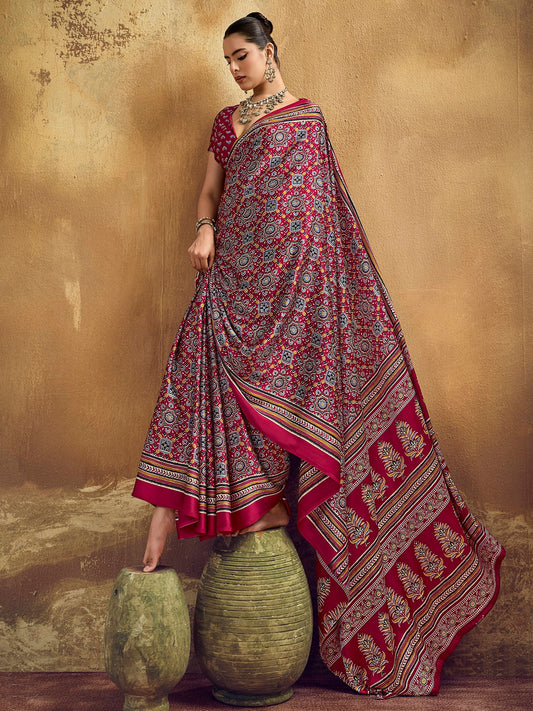 Crimson Red Ajrakh Print Satin Silk Saree - Ressa