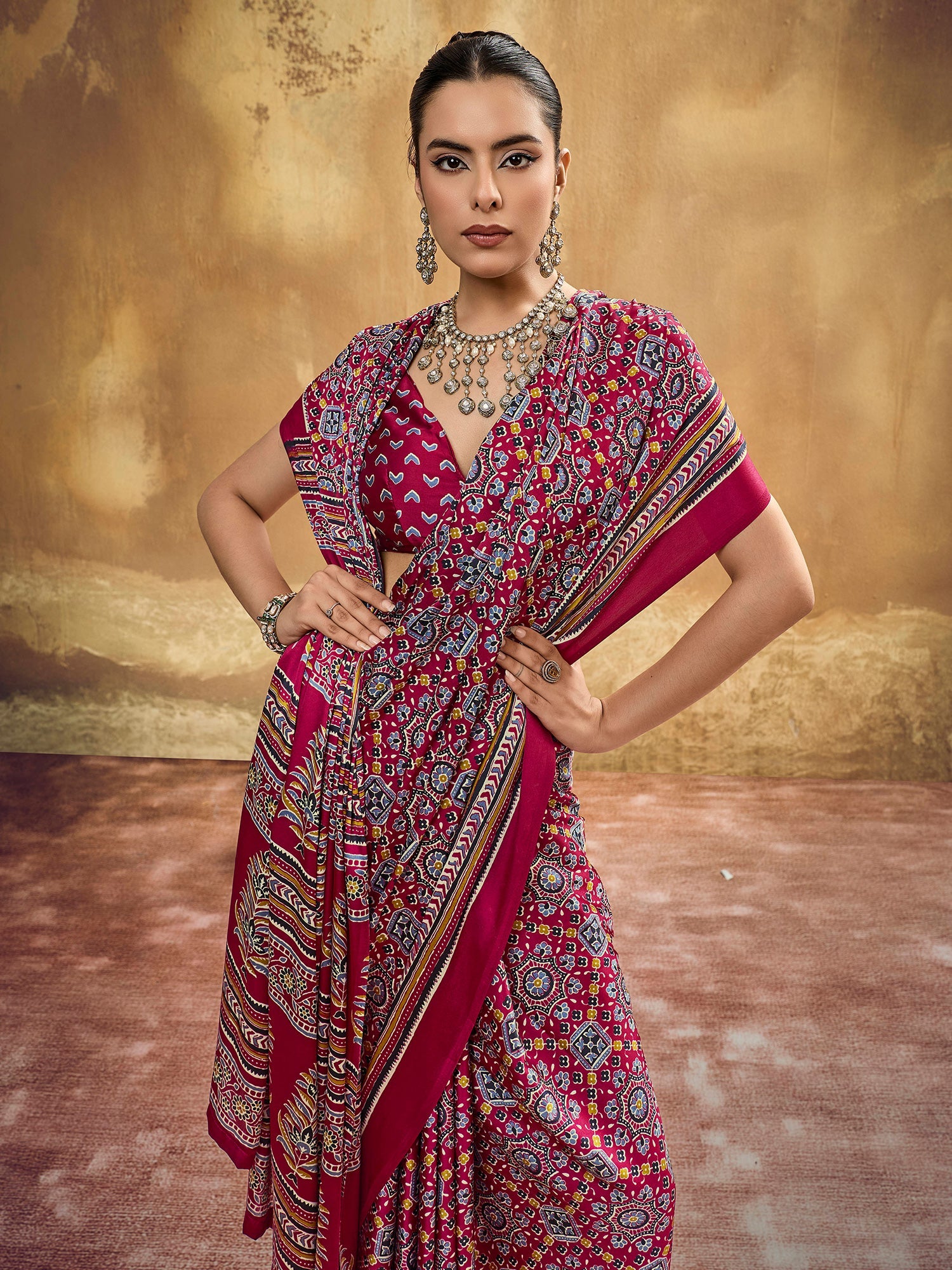 Crimson Red Ajrakh Print Satin Silk Saree - Ressa