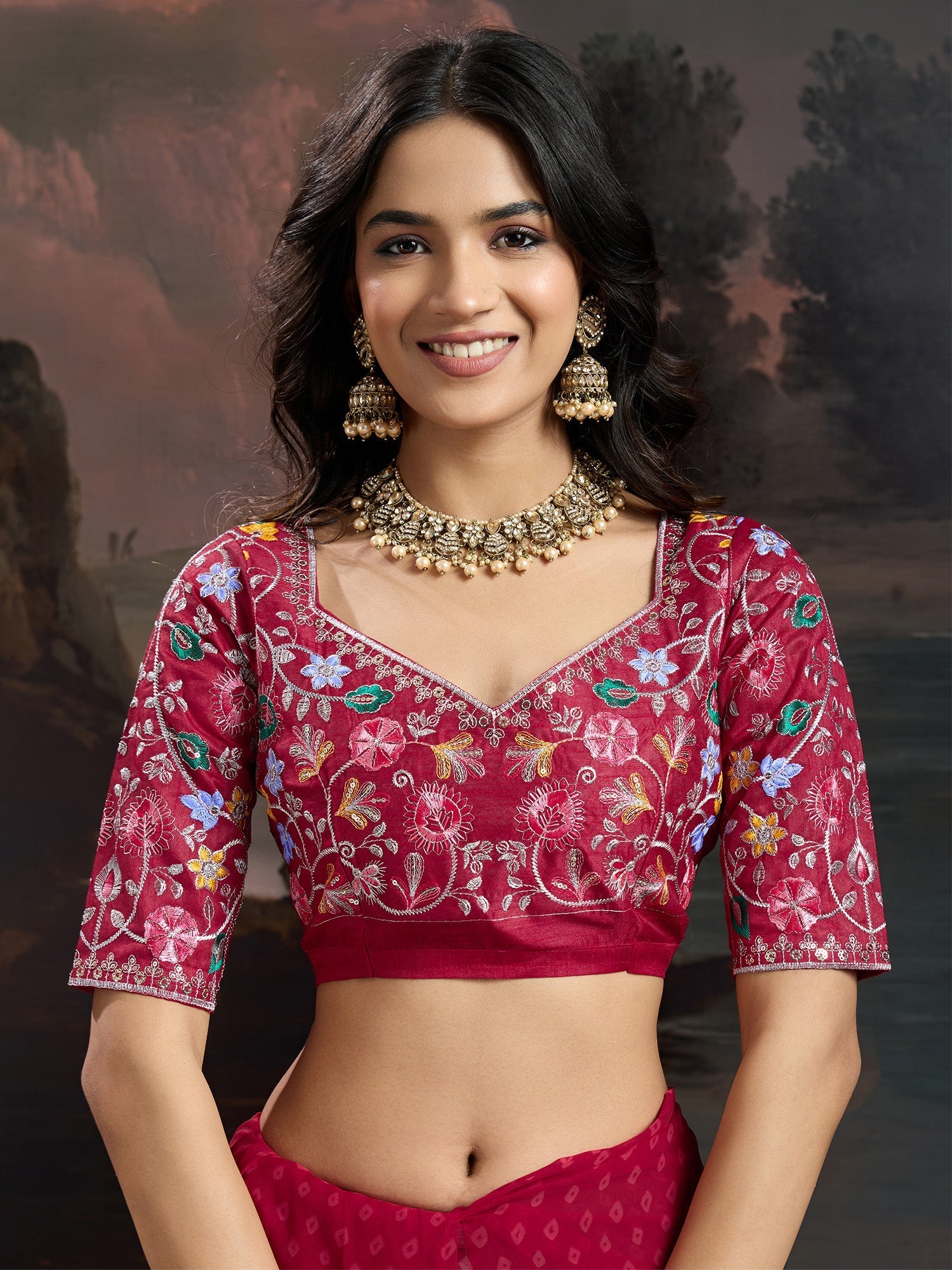 Crimson Red Bandhni Georgette Saree - Ressa