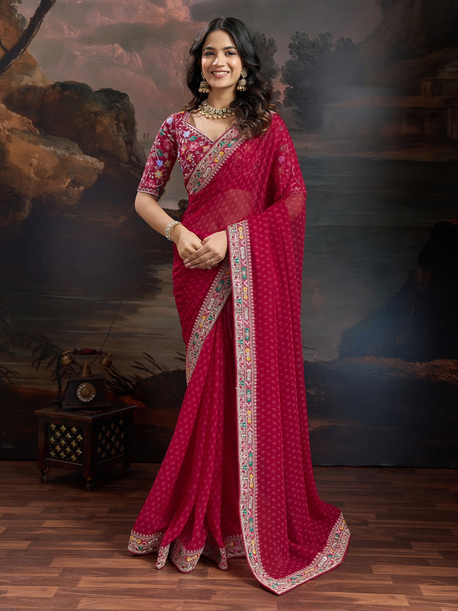 Crimson Red Bandhni Georgette Saree - Ressa