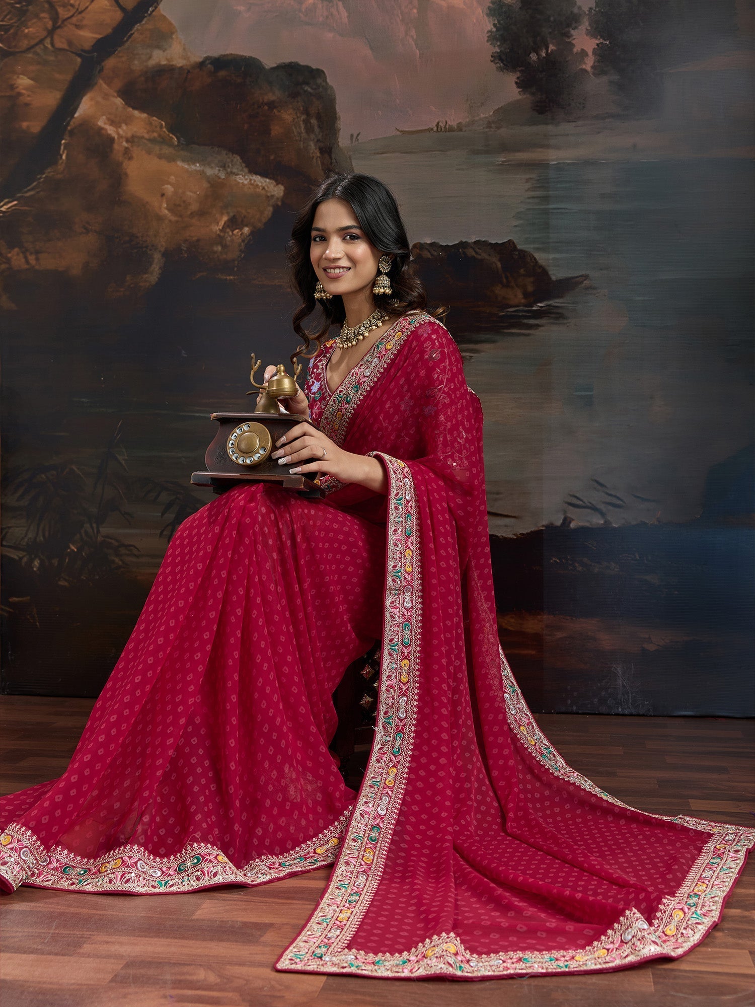 Crimson Red Bandhni Georgette Saree - Ressa