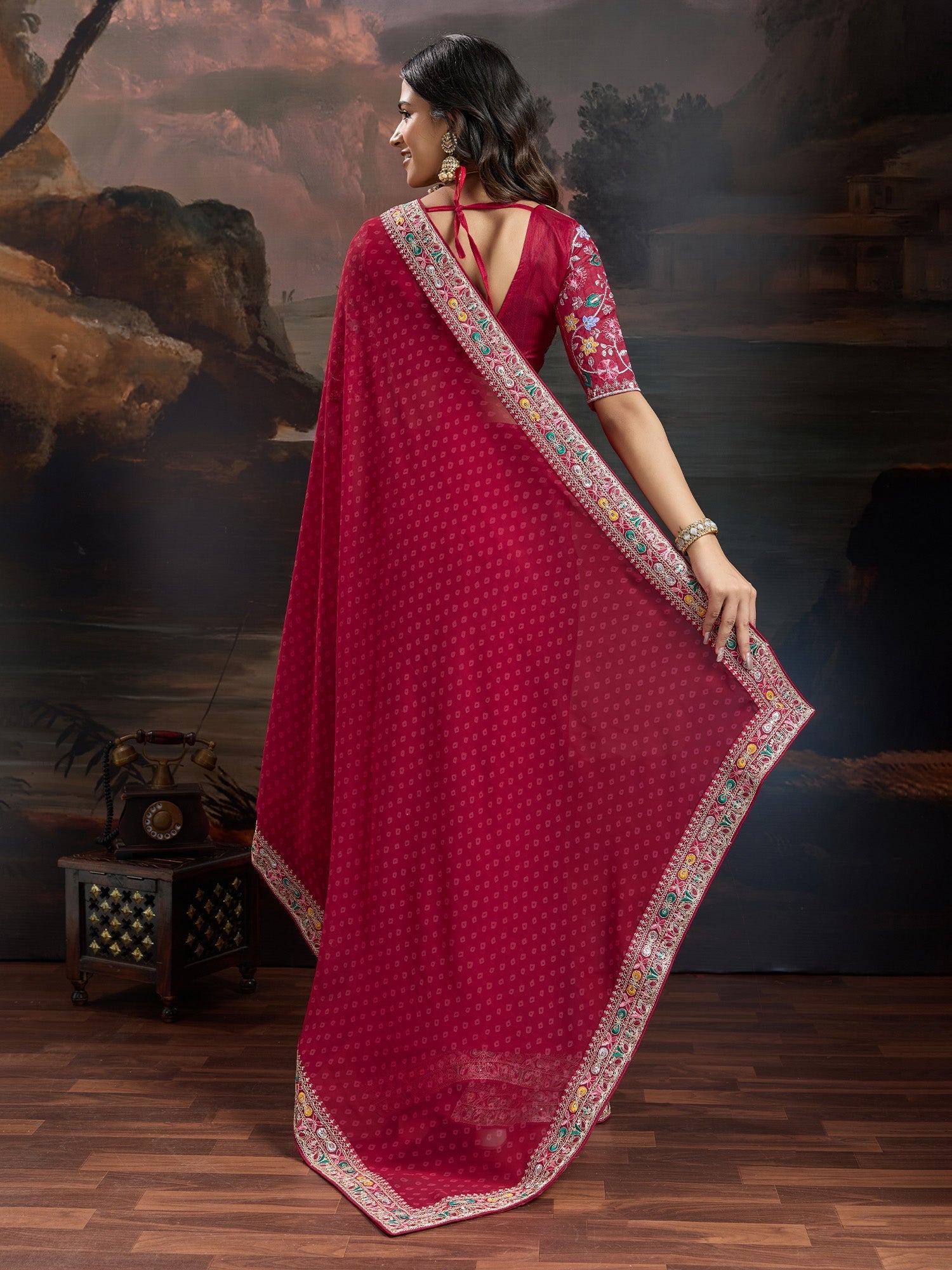 Crimson Red Bandhni Georgette Saree - Ressa