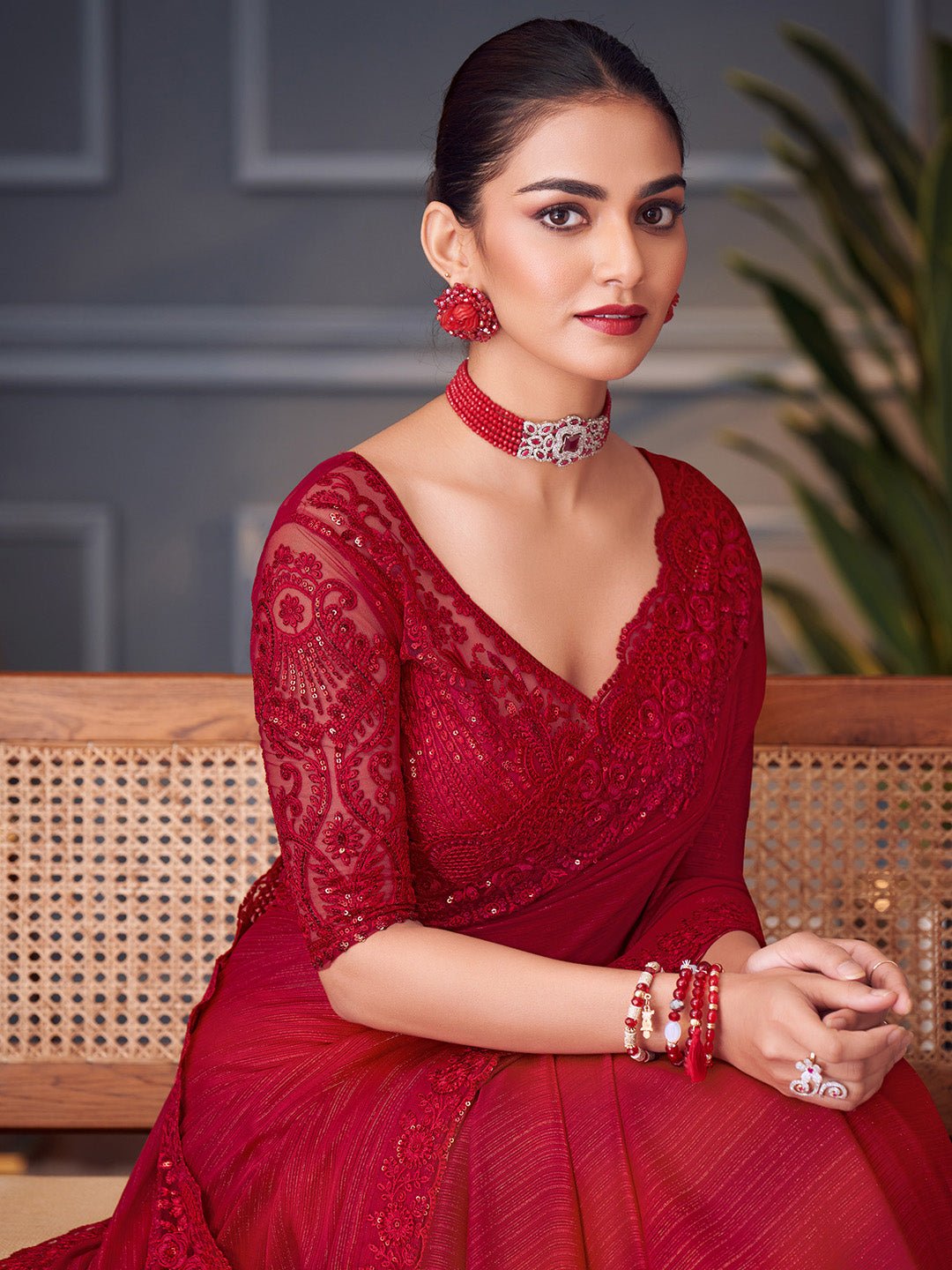 Crimson Red Fancy Georgetee Emblished Saree - Ressa