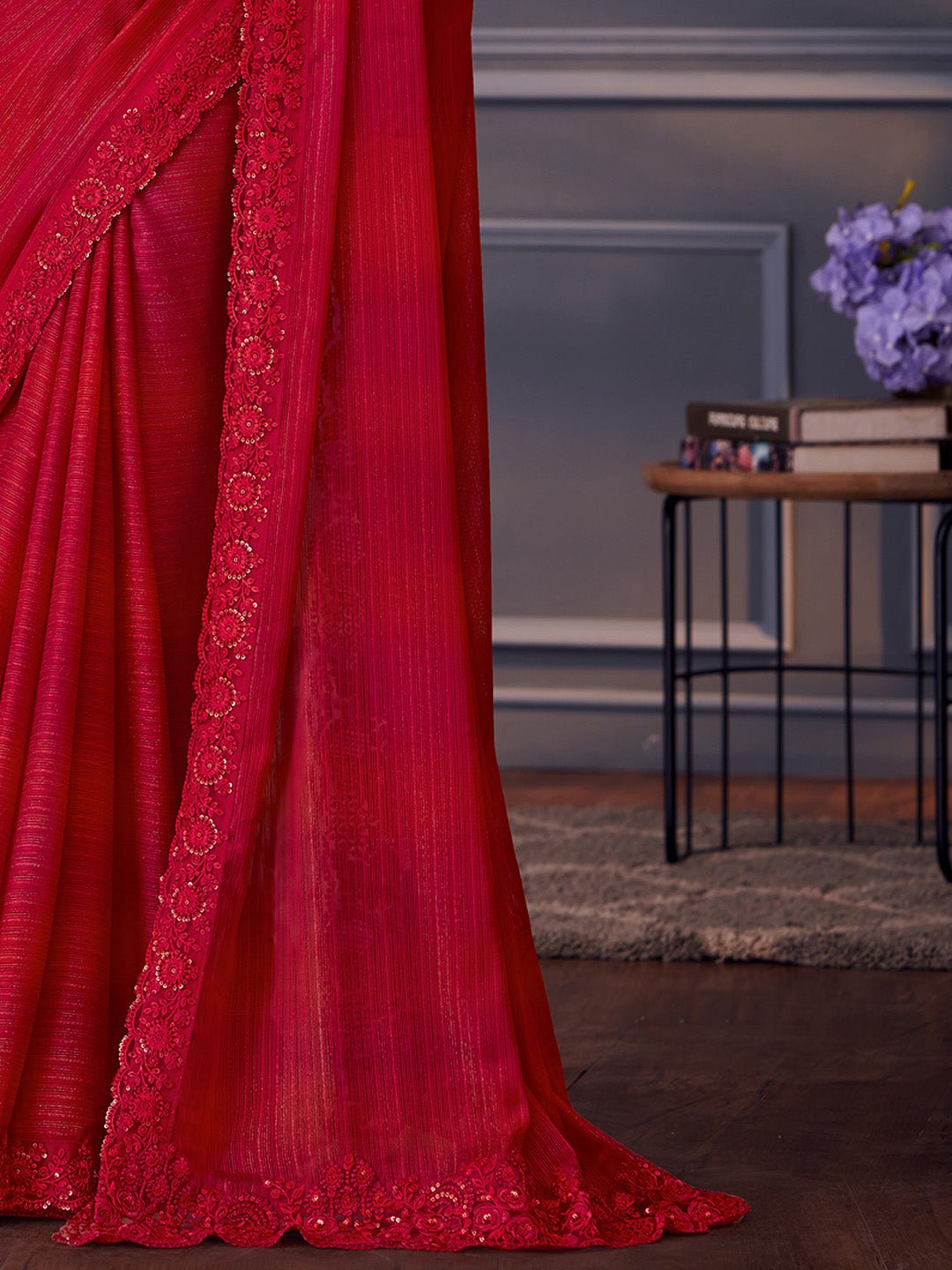 Crimson Red Fancy Georgetee Emblished Saree - Ressa