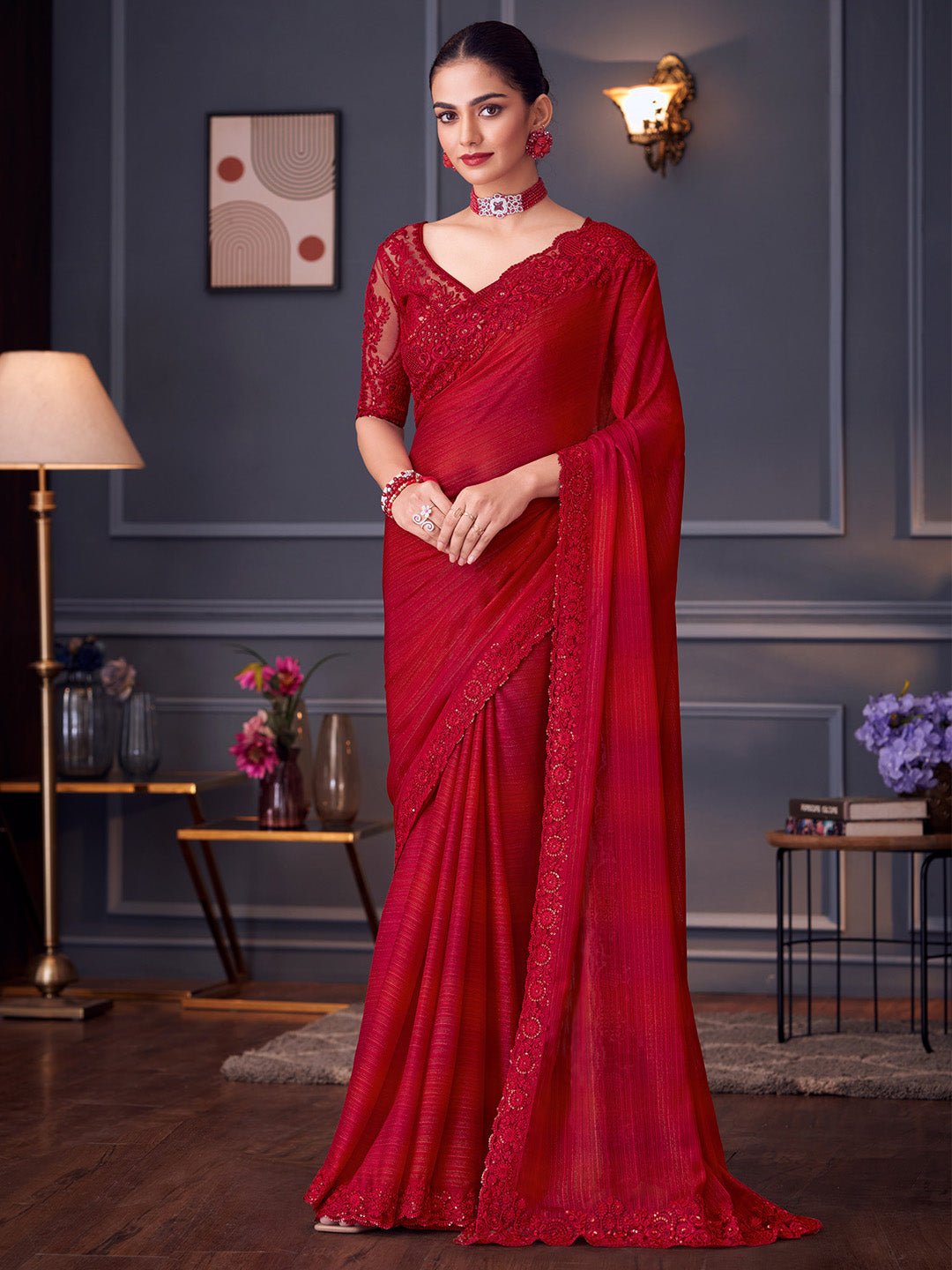 Crimson Red Fancy Georgetee Emblished Saree - Ressa